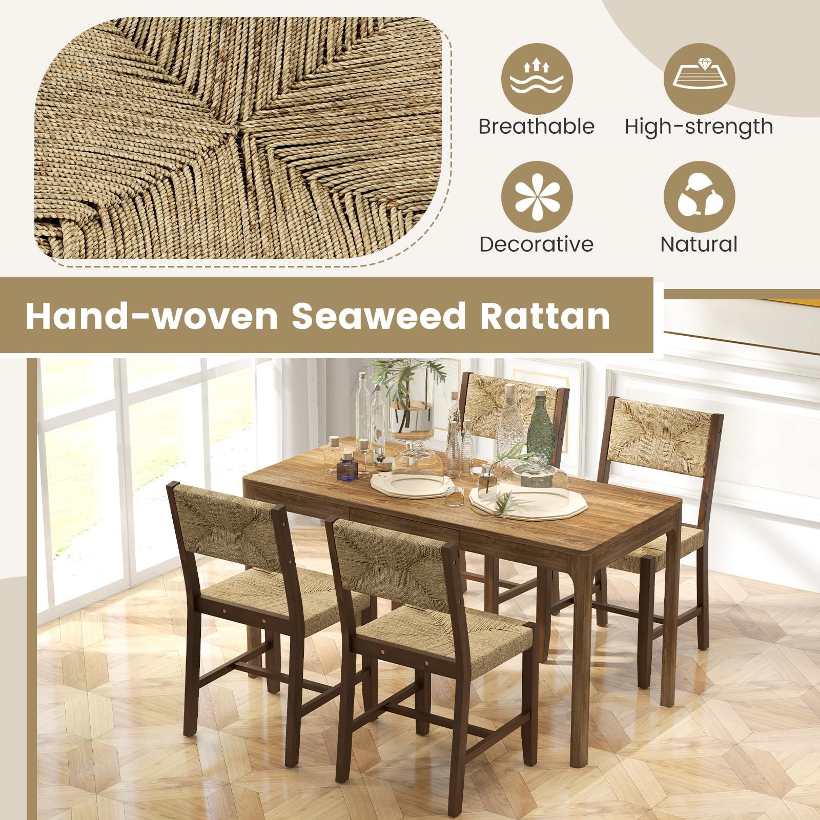 Rattan Dining Chairs Set of 2/4, Farmhouse Cane Side Chairs w/Woven Seaweed Backrest & Seat