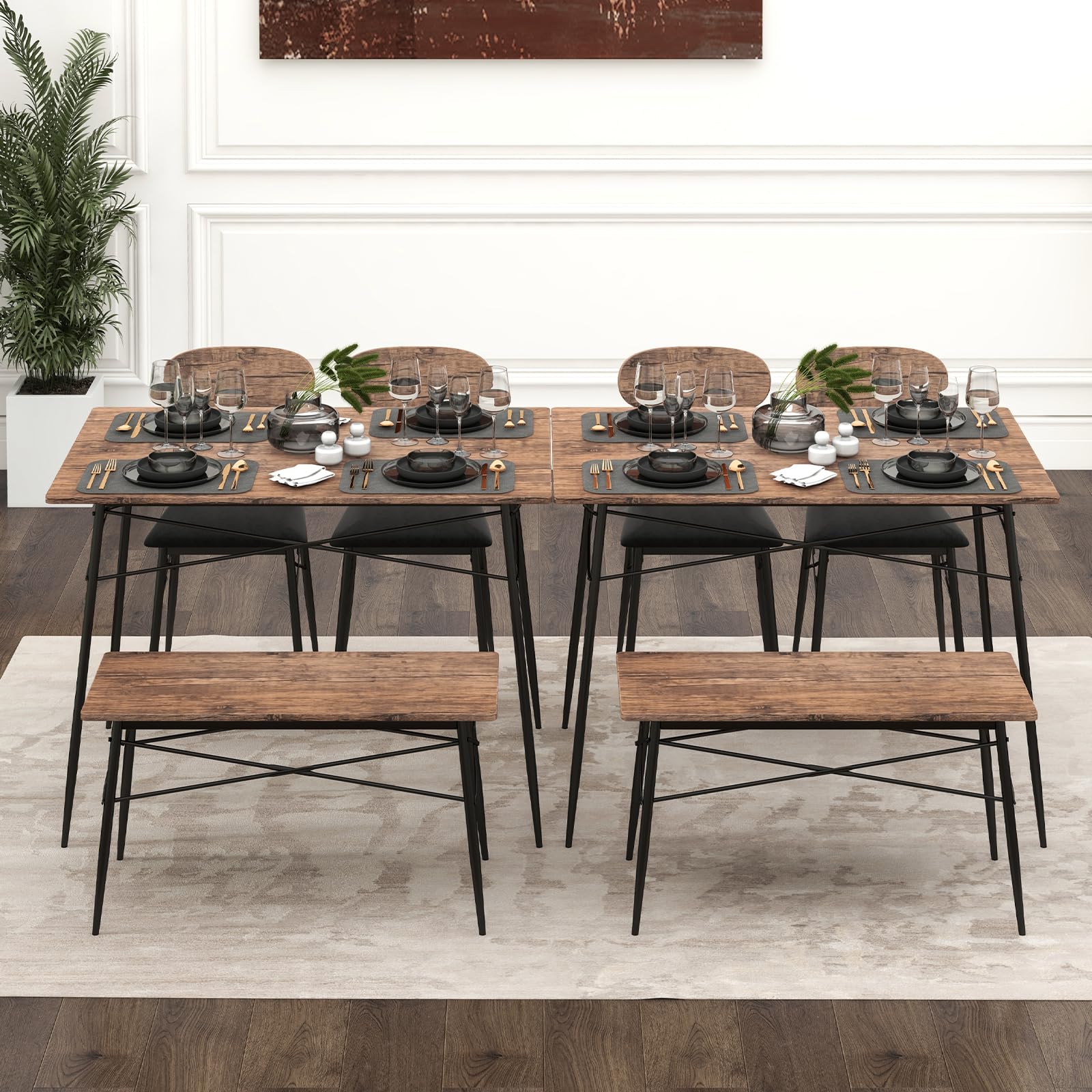 Dining Table Set for 4, Mid-Century Kitchen Furniture Set w/Kitchen Table, Bench & 2 Upholstered PVC Leather Chairs