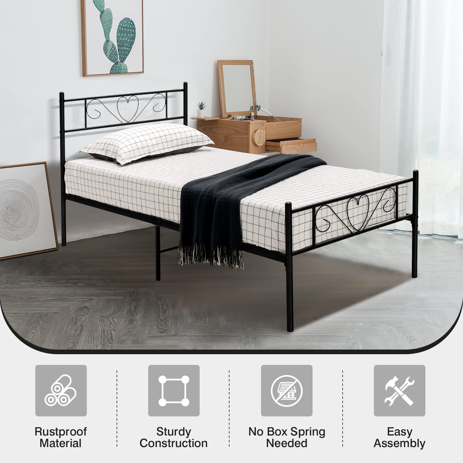 Twin XL Metal Bed Frame with Heart-Shaped Headboard & Footboard