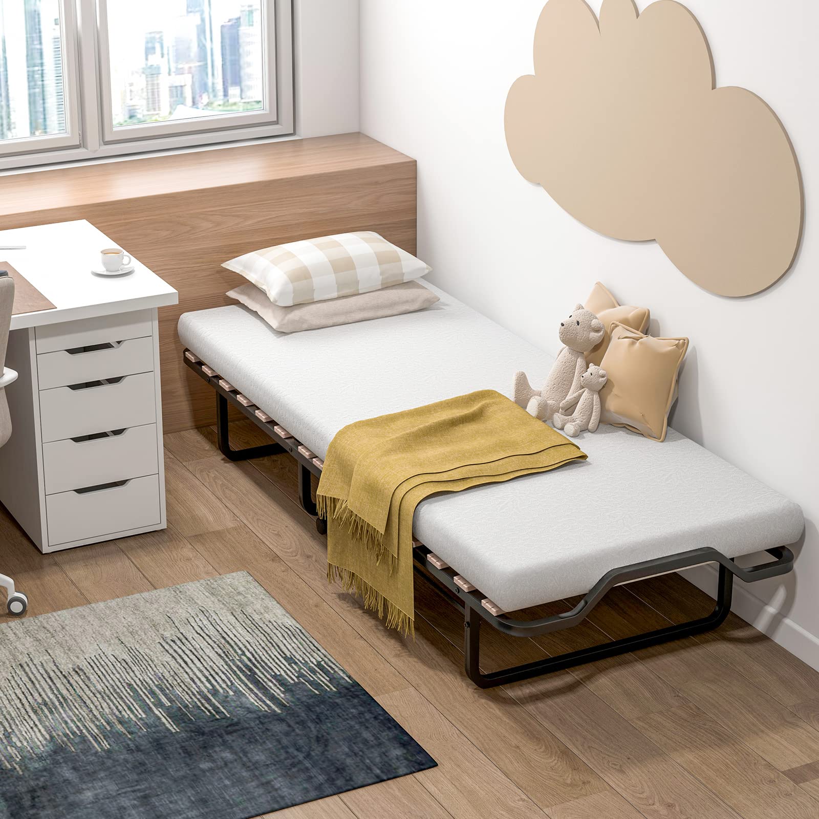 Folding Bed with 4 Inch Memory Foam Mattress & Solid Wood Slats