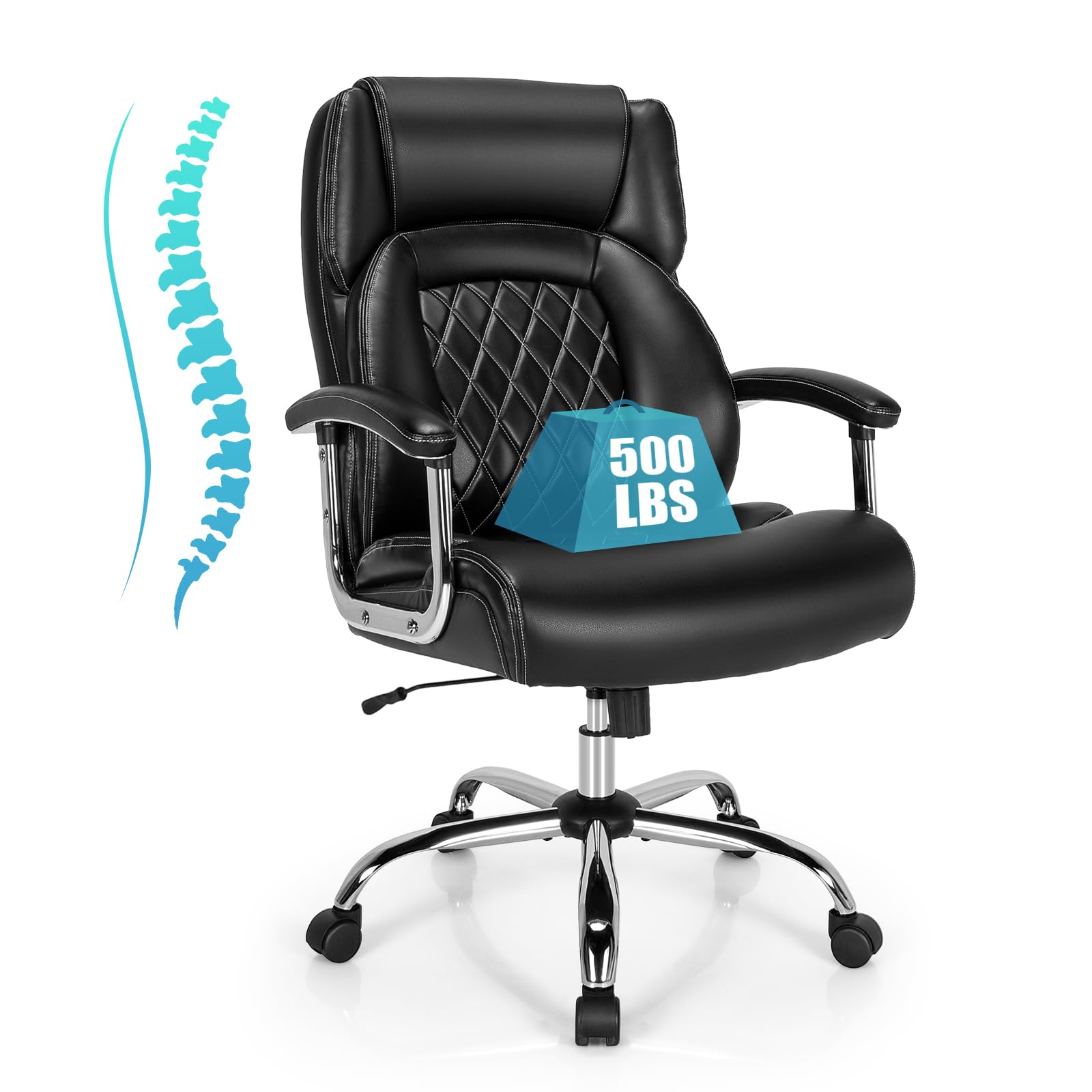 500LBS Big and Tall Office Chair, Wide Seat Large Leather Executive Chair w/Heavy Duty Metal Base