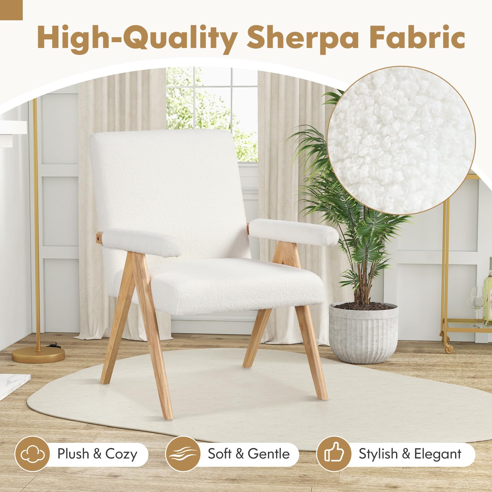 Mid-Century Modern Accent Chair, Sherpa Fabric Reading Chair with Padded Armrests, Solid Rubber Wood Frame