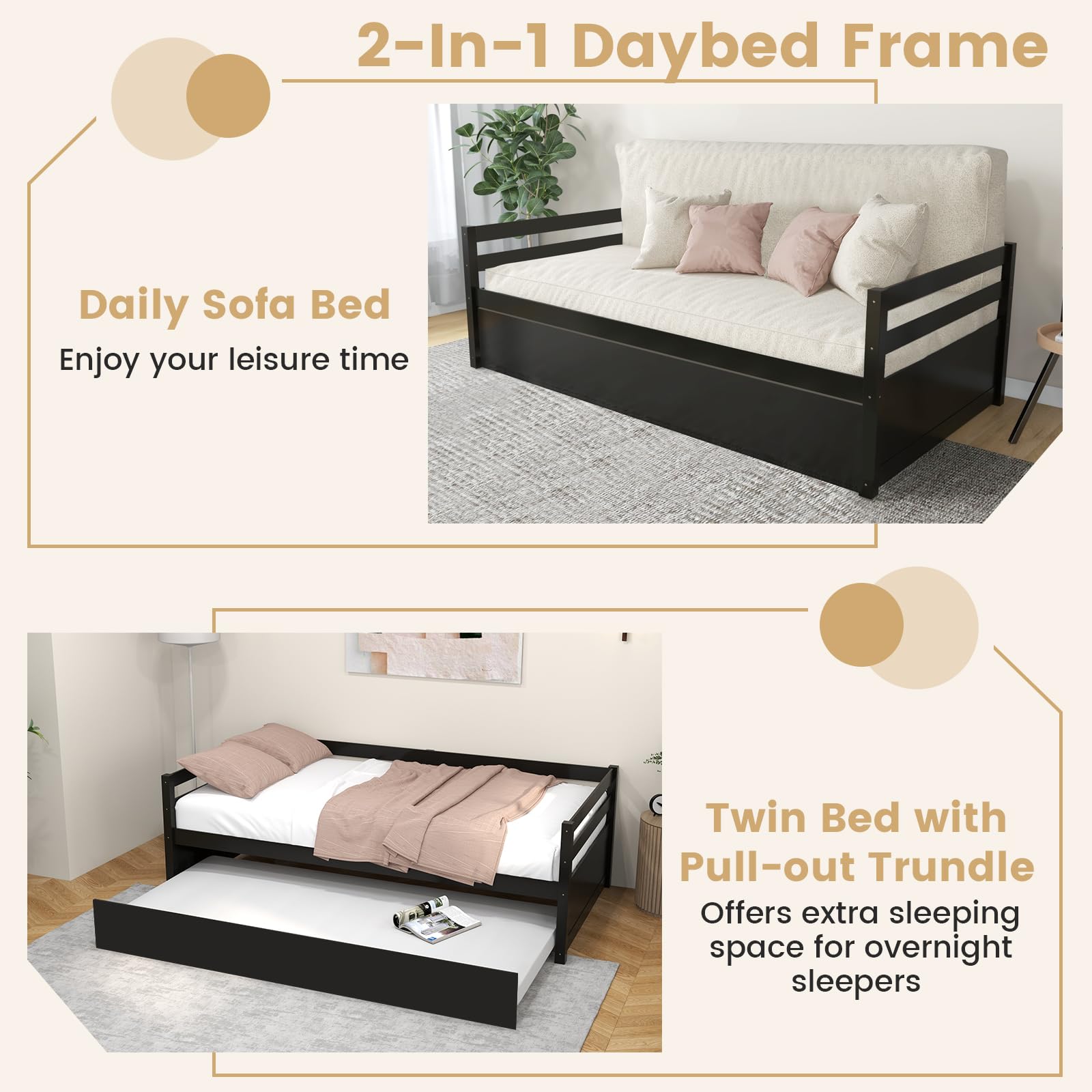 Twin Daybed with Trundle, Wood Trundle Bed with Wood Slat Support