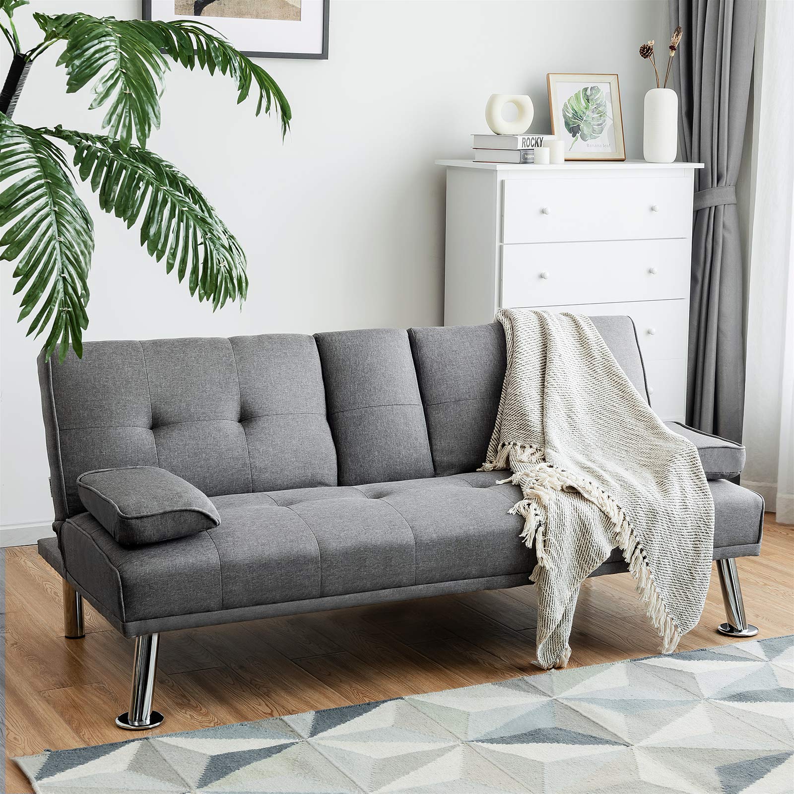 Convertible Futon Sofa Bed with Adjustable Backrest & Removable Armrests, 2 Cup Holders