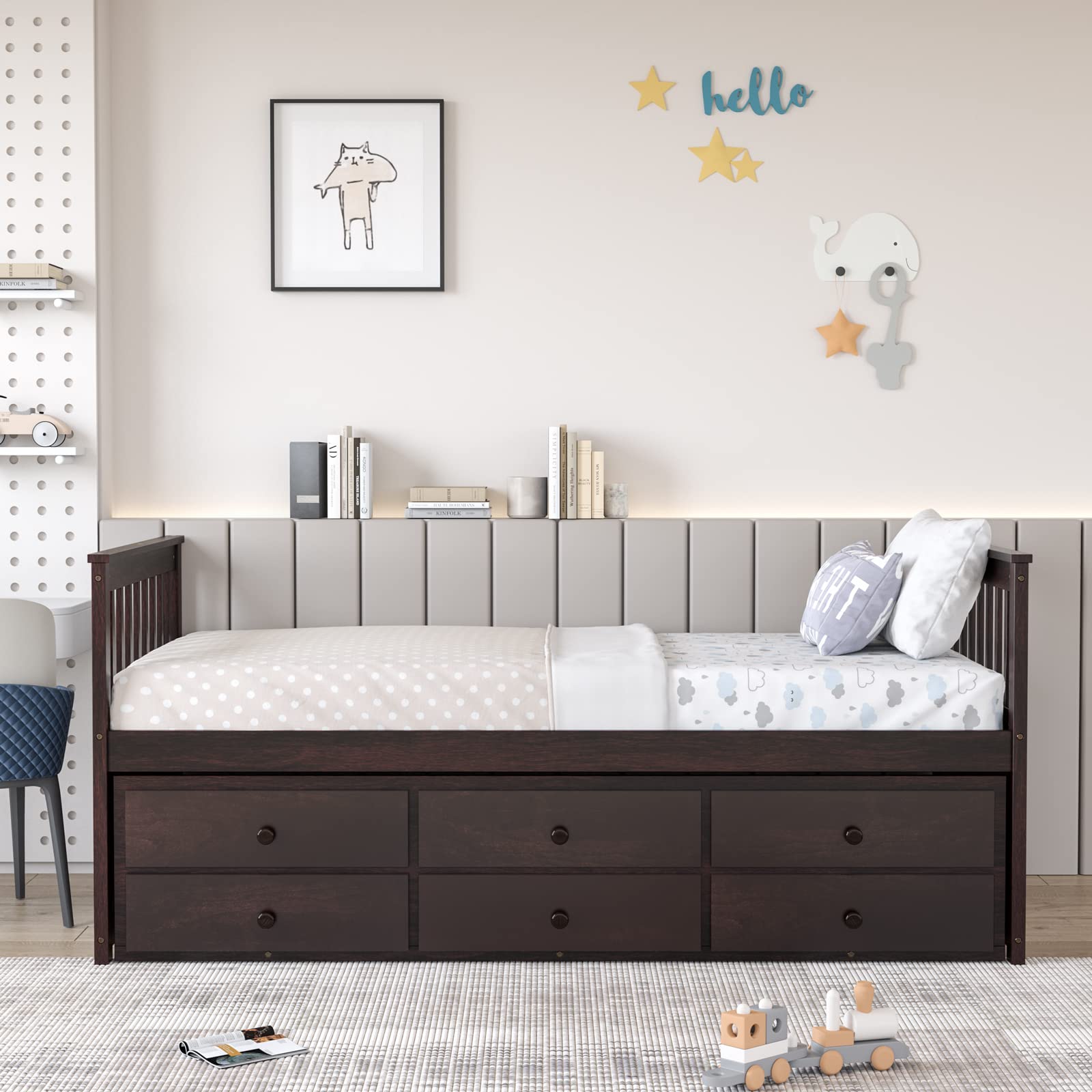 Twin Size Wooden Captain Daybed with Trundle and 3 Storage Drawers