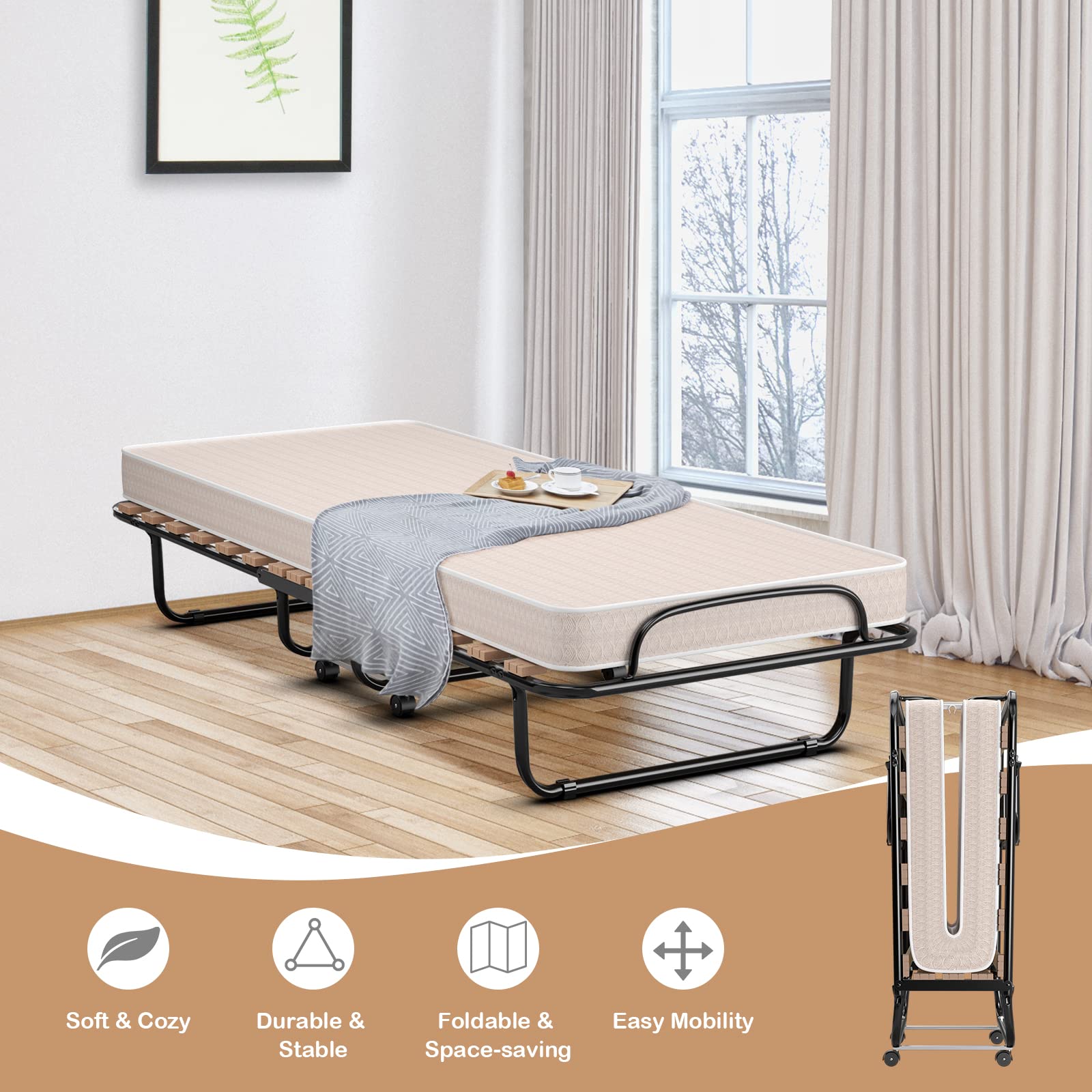 Folding Bed with Mattress for Adults, Rollaway Guest Beds w/Memory Foam Mattress & Metal Frame
