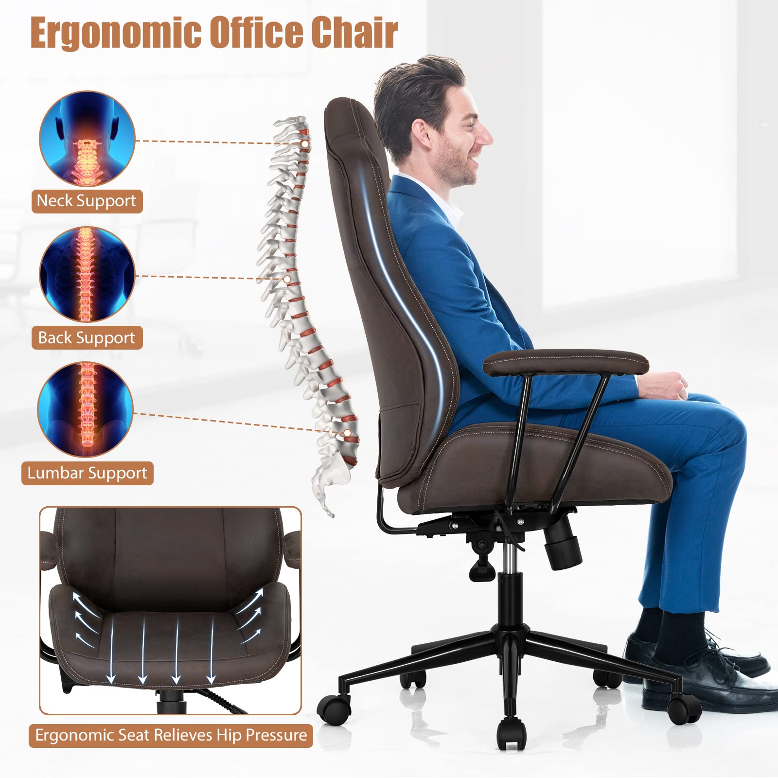 High-Back Home Office Desk Chair, Ergonomic Leathaire Task Chair with Comfortable Padded Seat & Detachable Armrests
