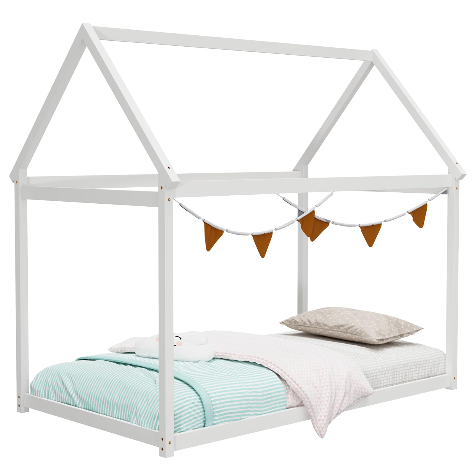 Twin Size House Bed for Kids, Solid Wood Platform Floor Bed with Roof & Multiple Slats