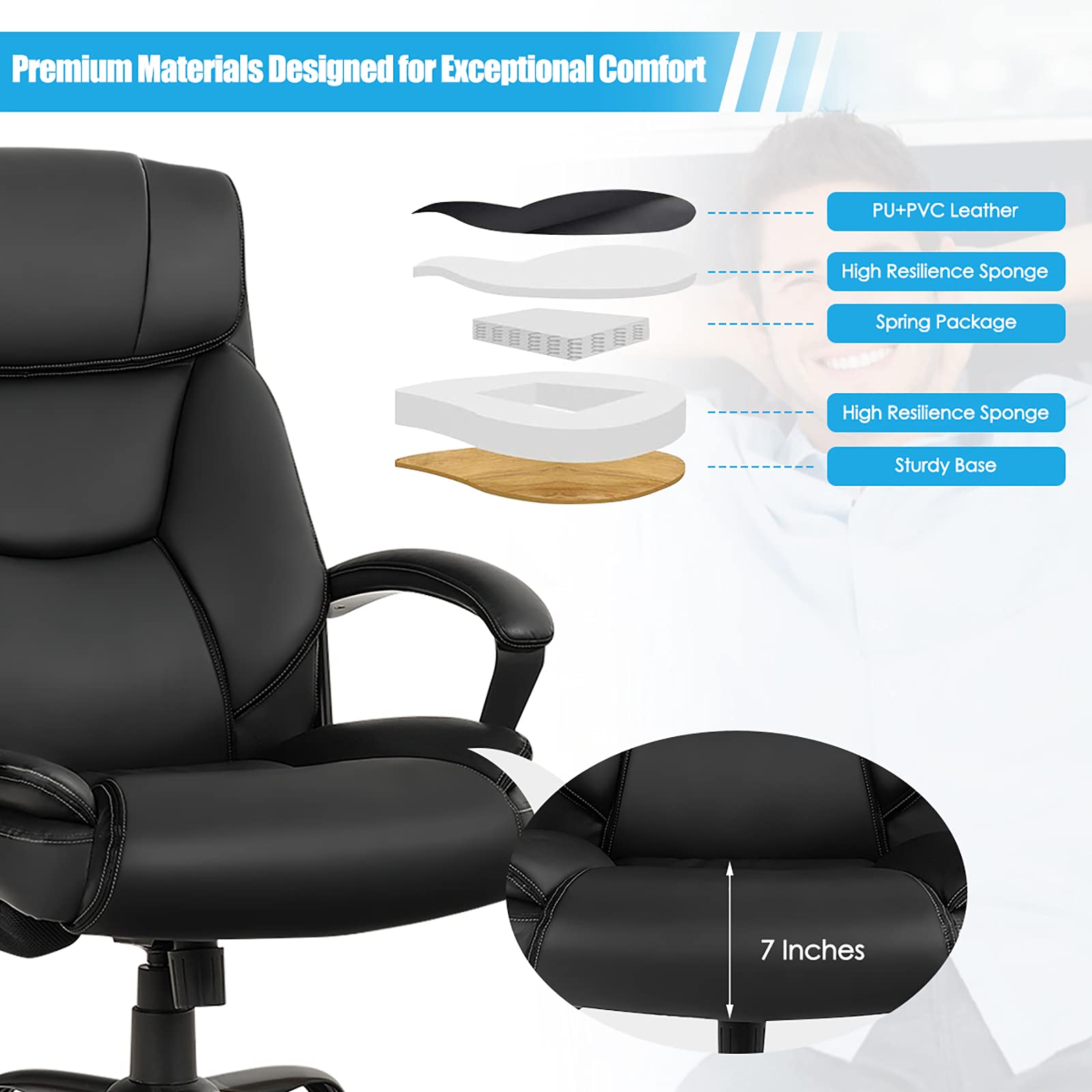 500 lbs Big and Tall Office Chair, Massage Executive Chair w/ 6 Vibrating Points