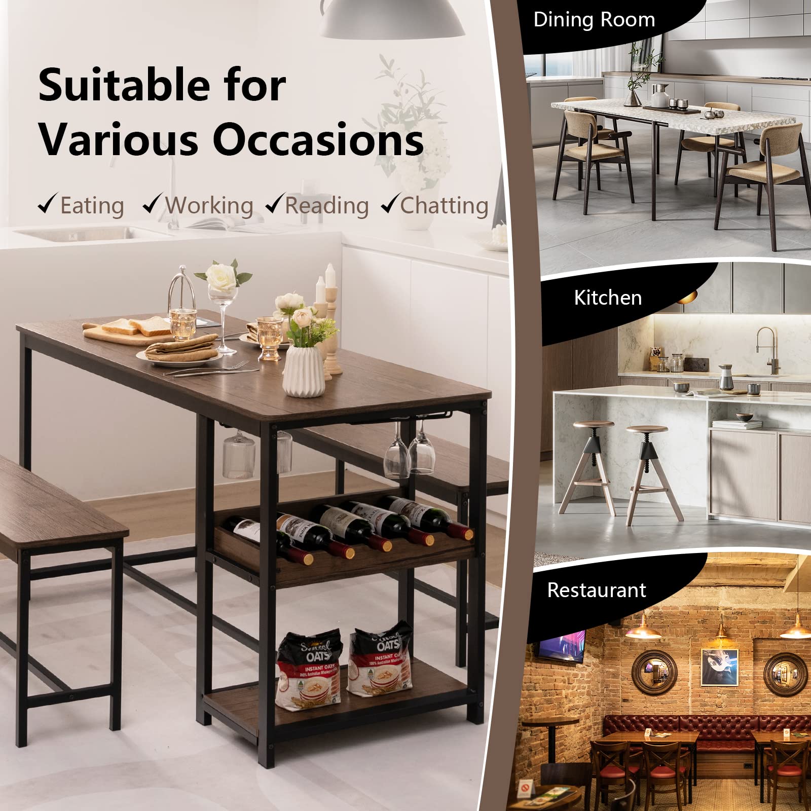 Dining Table Set for 4, 3-Piece 55" L Kitchen Table Set w/ 2 Benches, Breakfast Table w/ 5-Bottle Wine Rack & Glass Holder