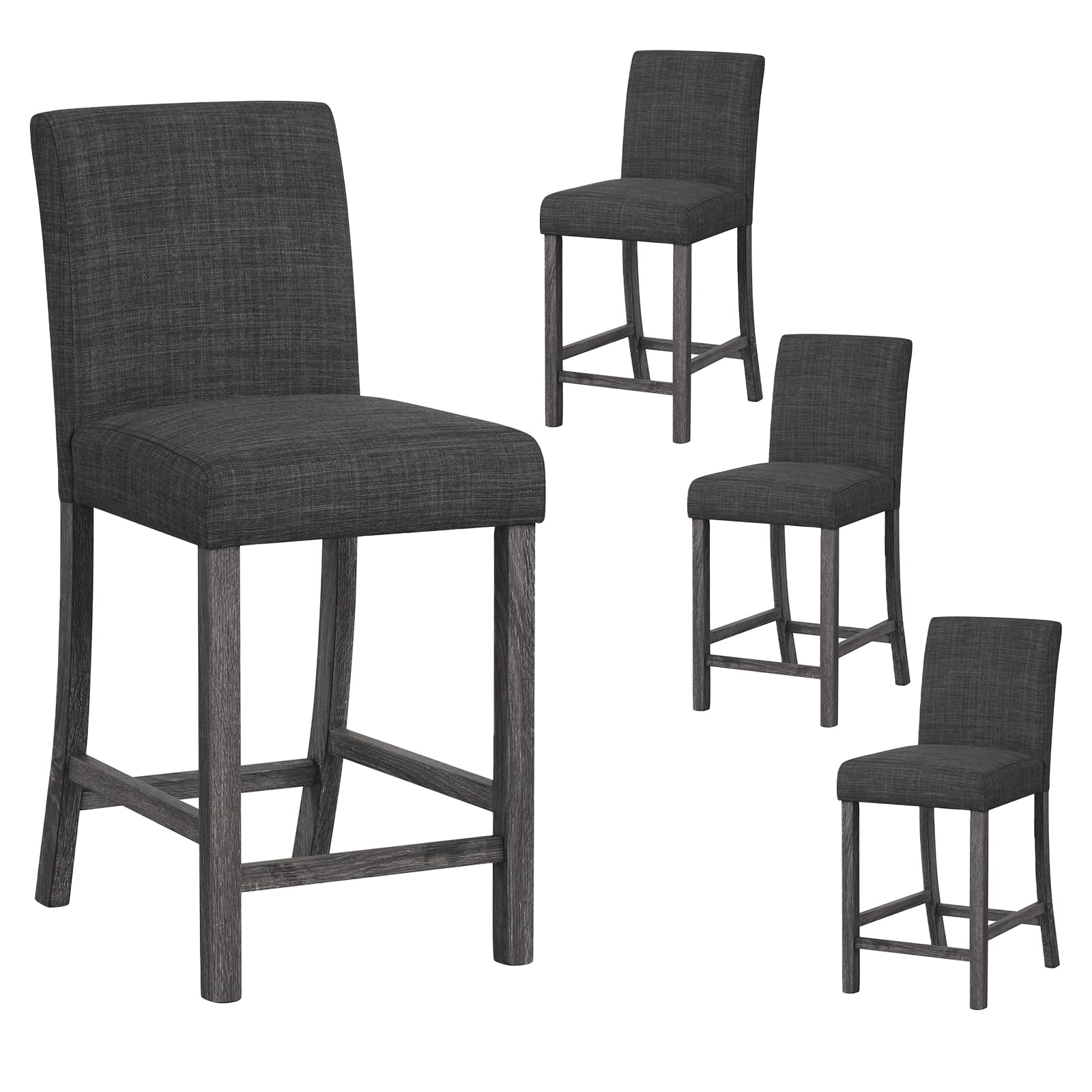 Upholstered Counter Height Bar Stools Set of 2/4 with Ergonomic Backrest, Solid Wood Frame