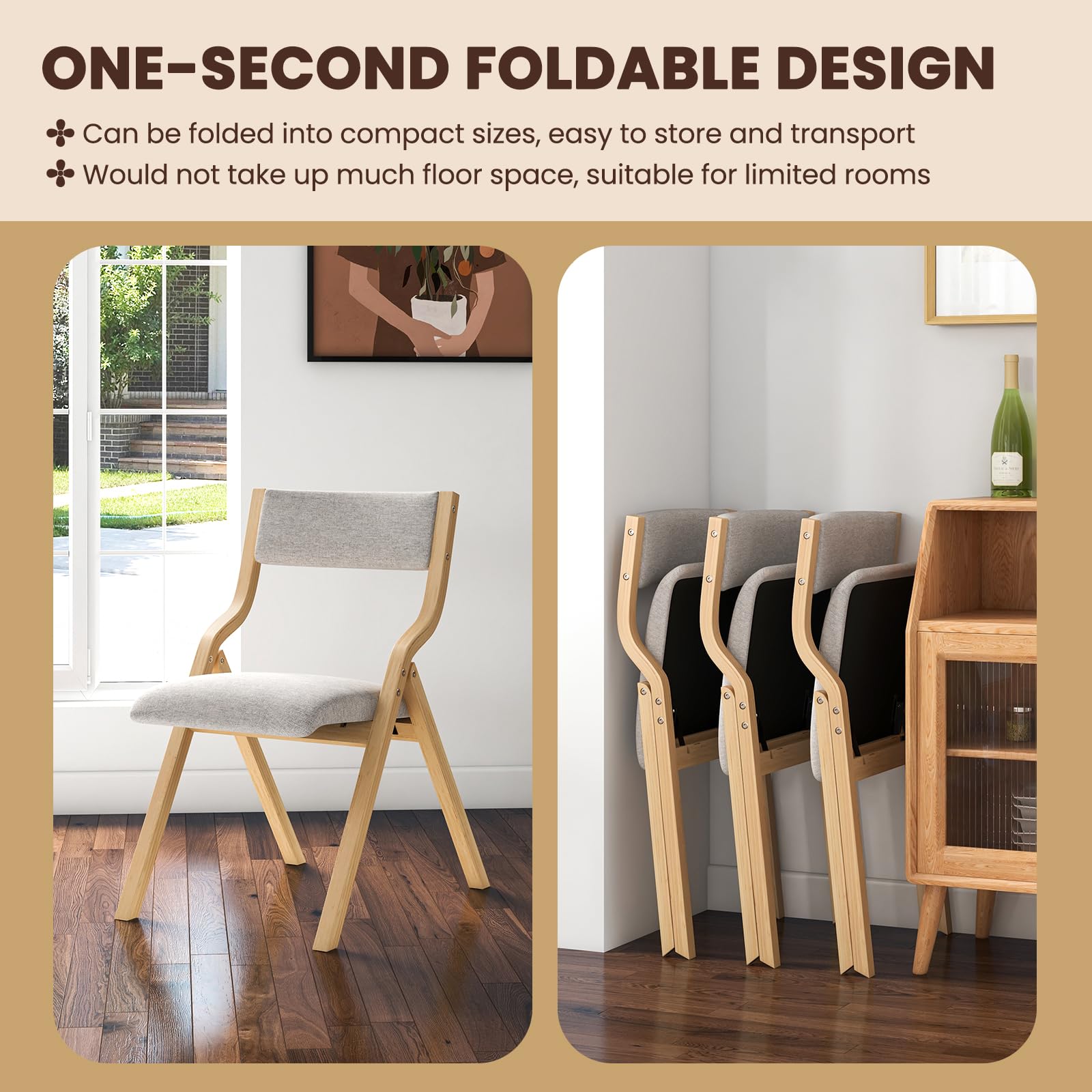 Folding Dining Chairs Set of 2/4, Foldable Chairs with Padded Seat and Solid Wood Frame