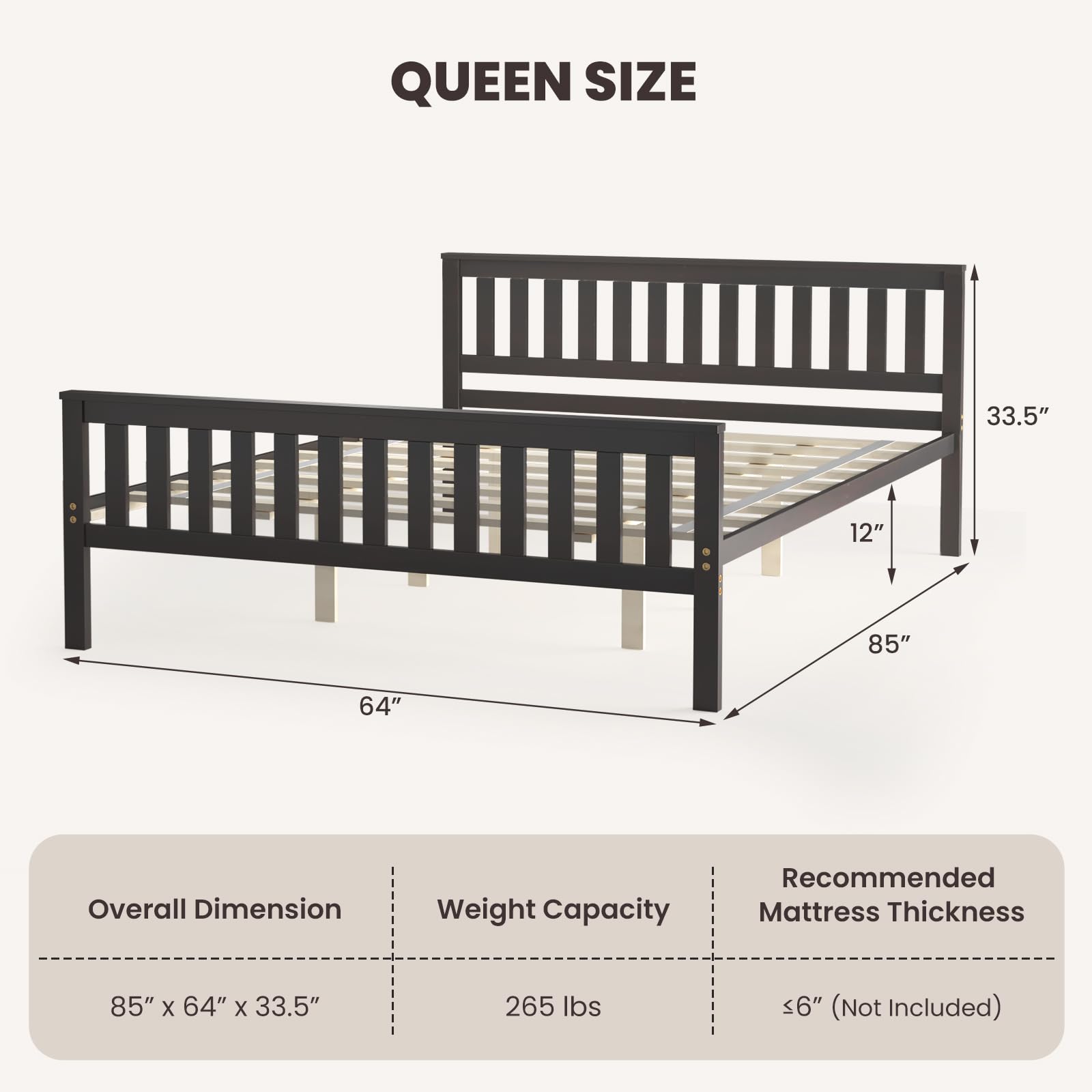 Wood Platform Bed Frame with Headboard, Wooden Slats Support, 12" Under-Bed Storage Space