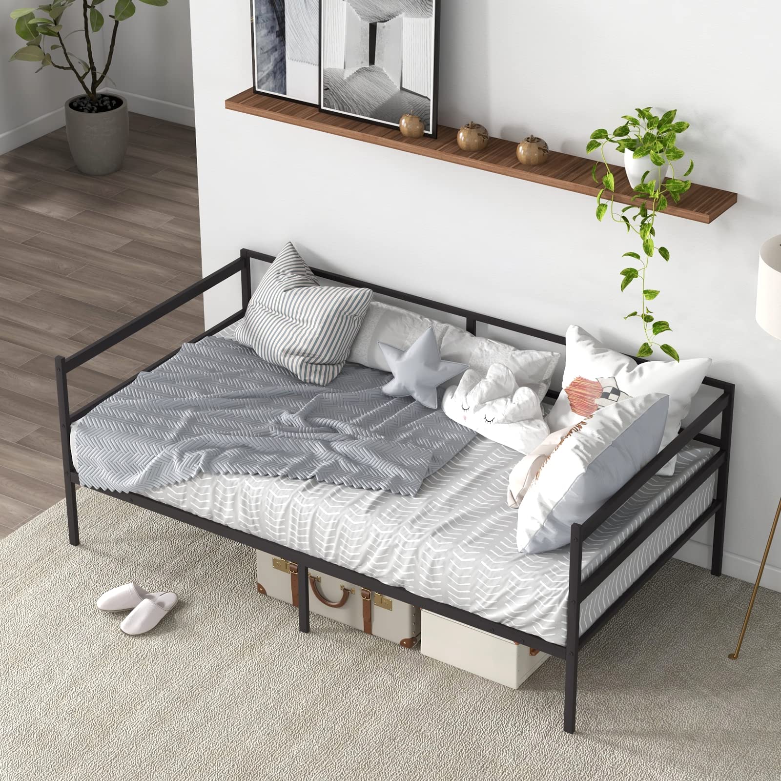 Twin Size Metal Daybed with Metal Slat Support & 3-Sided Guardrails