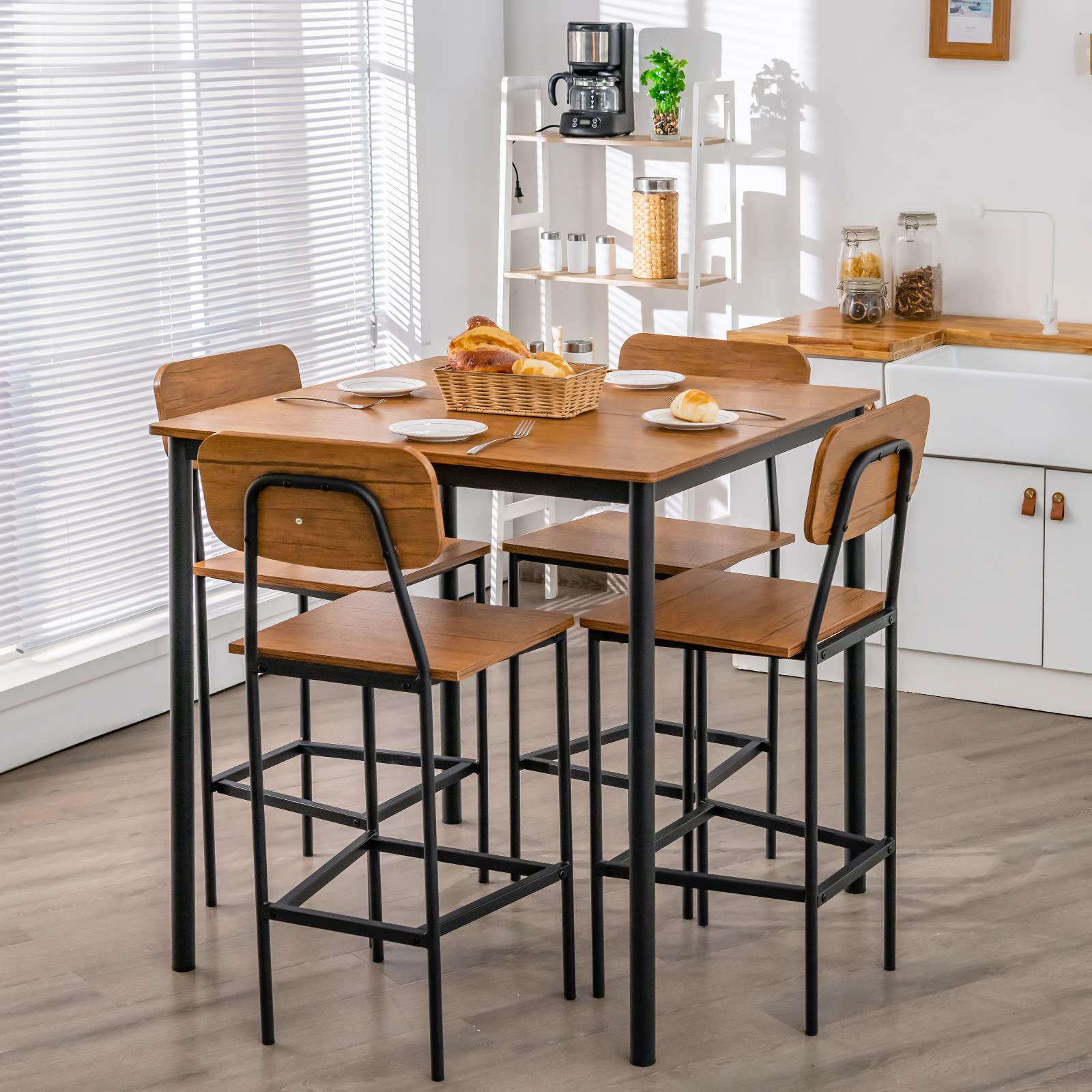 5 Piece Dining Table Set with Counter Height Table & 4 Bar Stools, Industrial Kitchen Dining Table Set  with Footrest & Backrest
