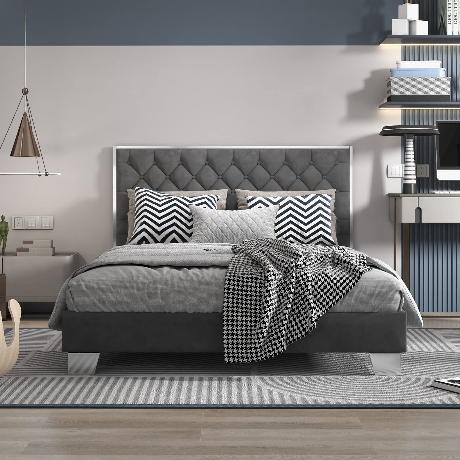 Full Size Upholstered Bed Frame with Button Tufted Headboard