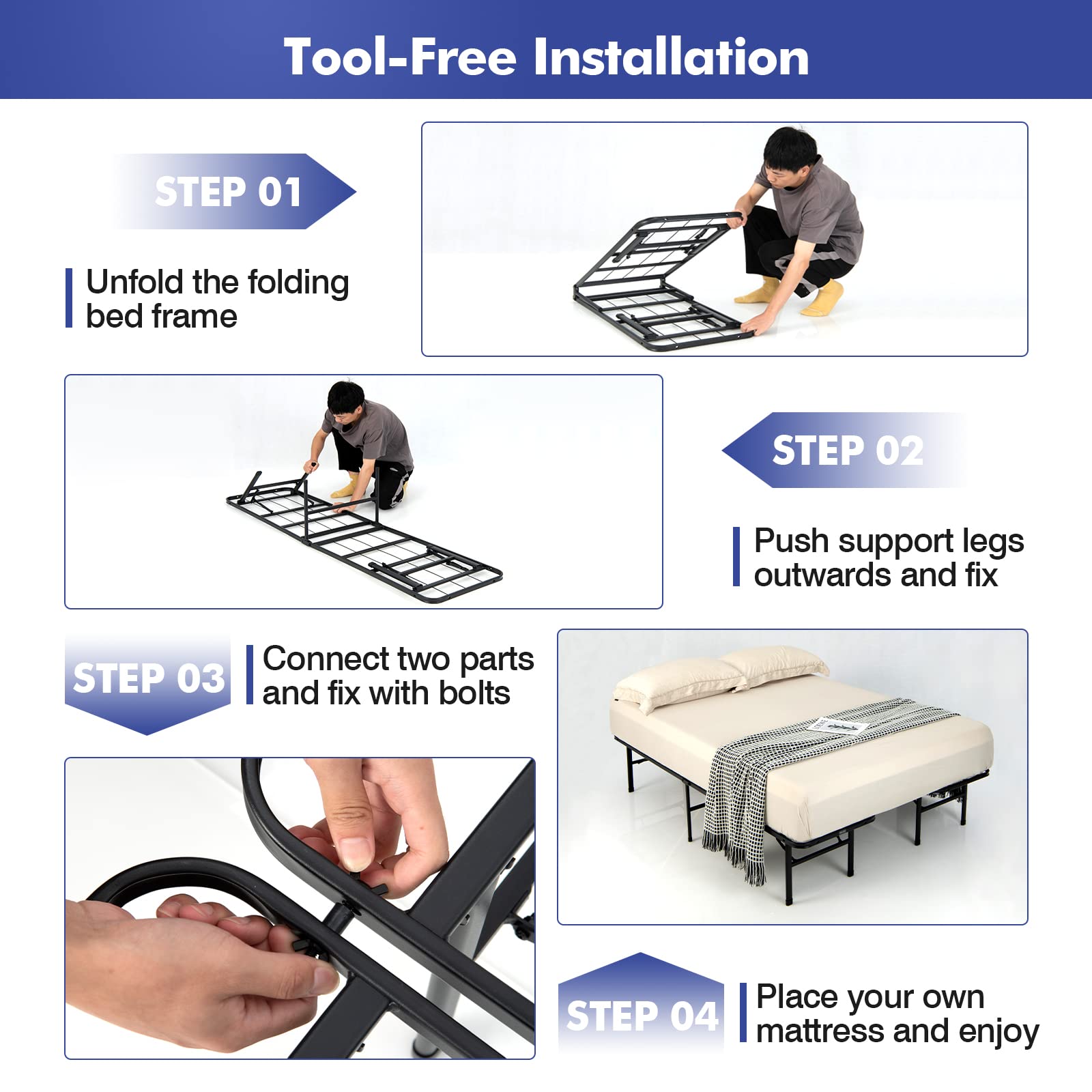 2 in 1 Folding Metal Bed Frame,Twin/Full- Queen/King Size Portable Bed Base