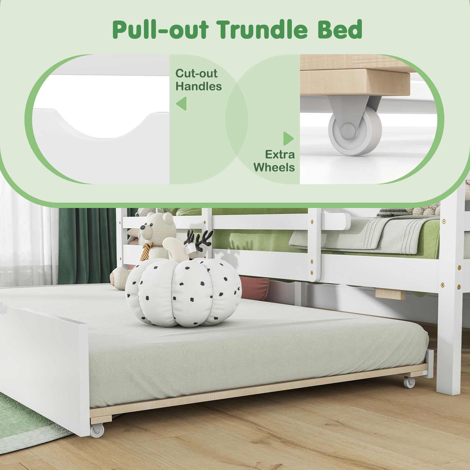 House Bed with Trundle Wood Bed Frame with Safety Rails & Roof