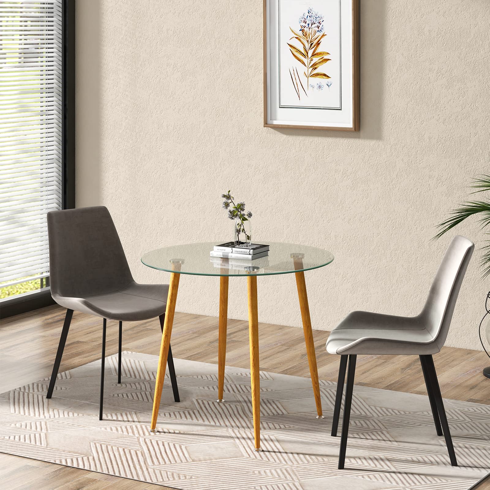 Round Glass Dining Table, 35.5" D x 30" H Kitchen Dinner Table w/Tempered Glass Tabletop & Metal Legs