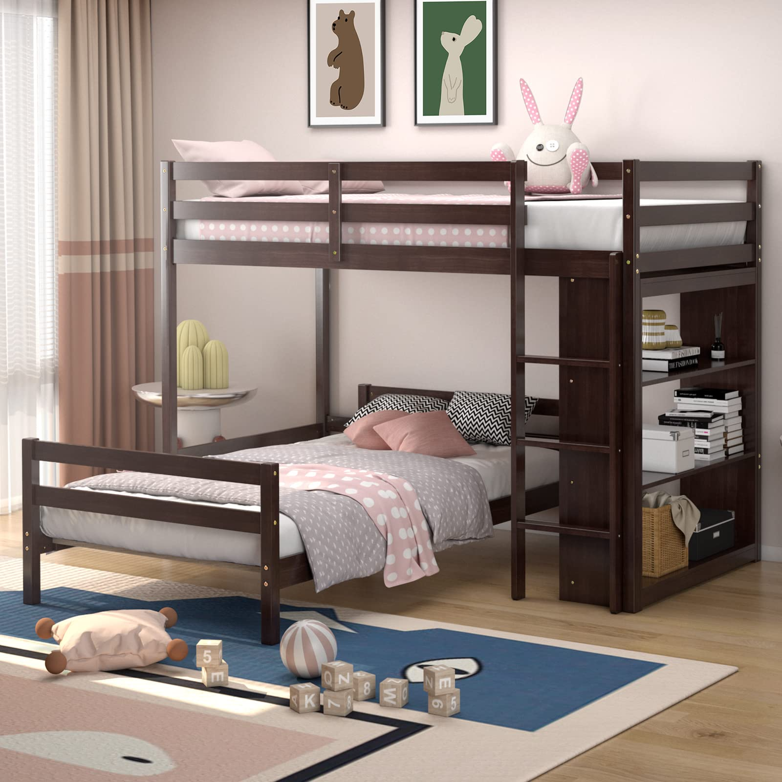 Twin Over Twin Bunk Bed, Convertible Wooden Loft Bed with 3-Tier Bookcase, Can be Separated into 2 Beds