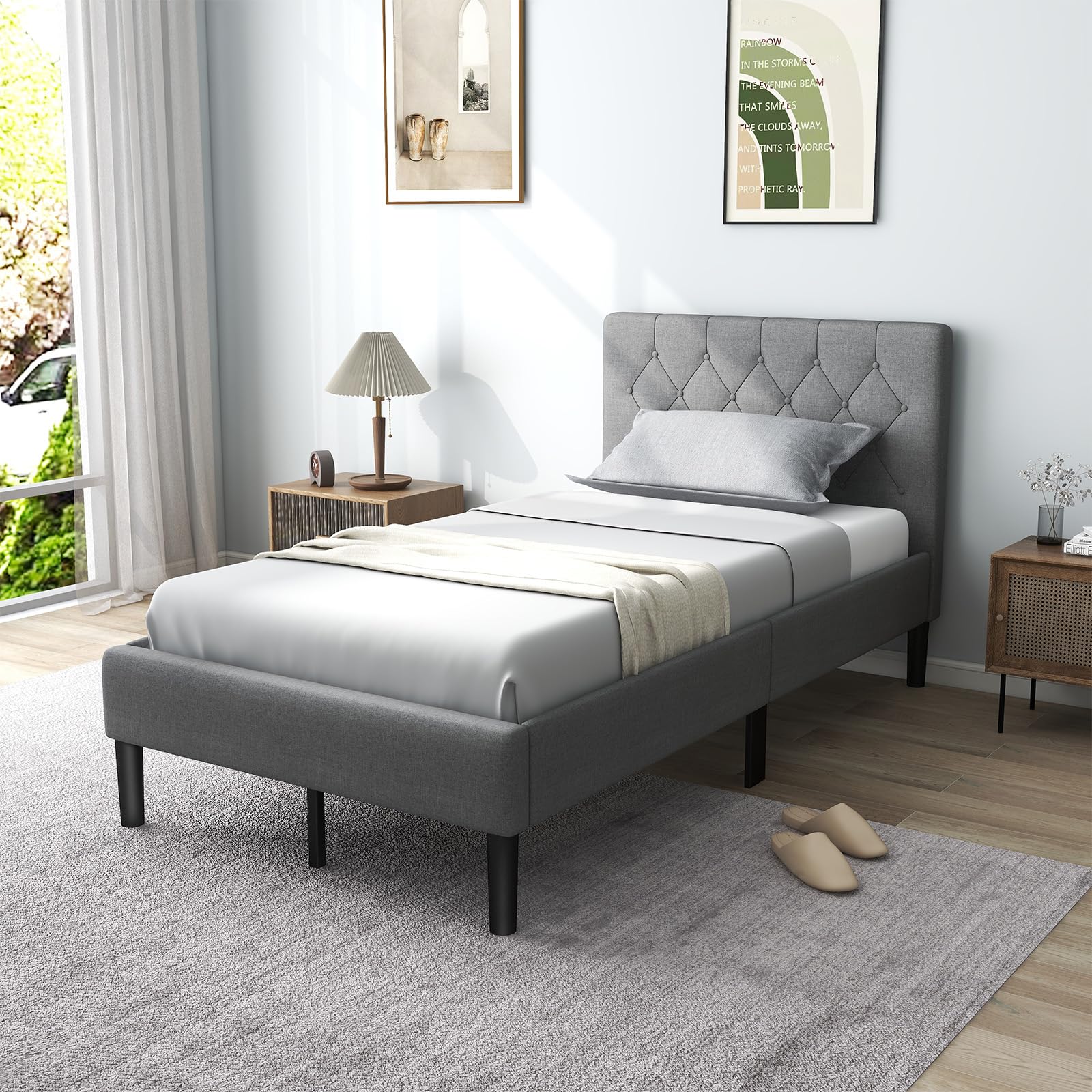 Twin Size Upholstered Bed Frame with Button Tufted Headboard
