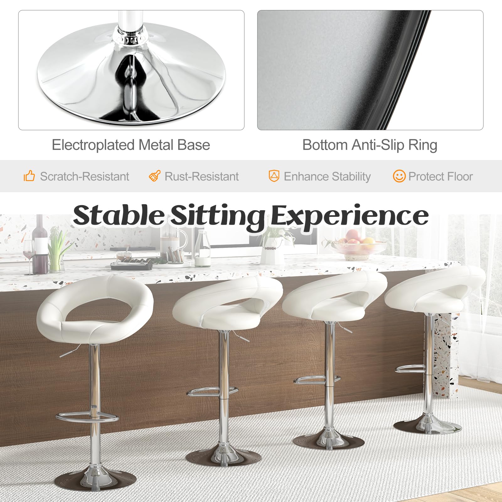Adjustable Swivel Bar Stools Set of 2/4, Modern PU Leather Counter Height Bar Chairs w/Hollowed Back, Footrest, Metal Base