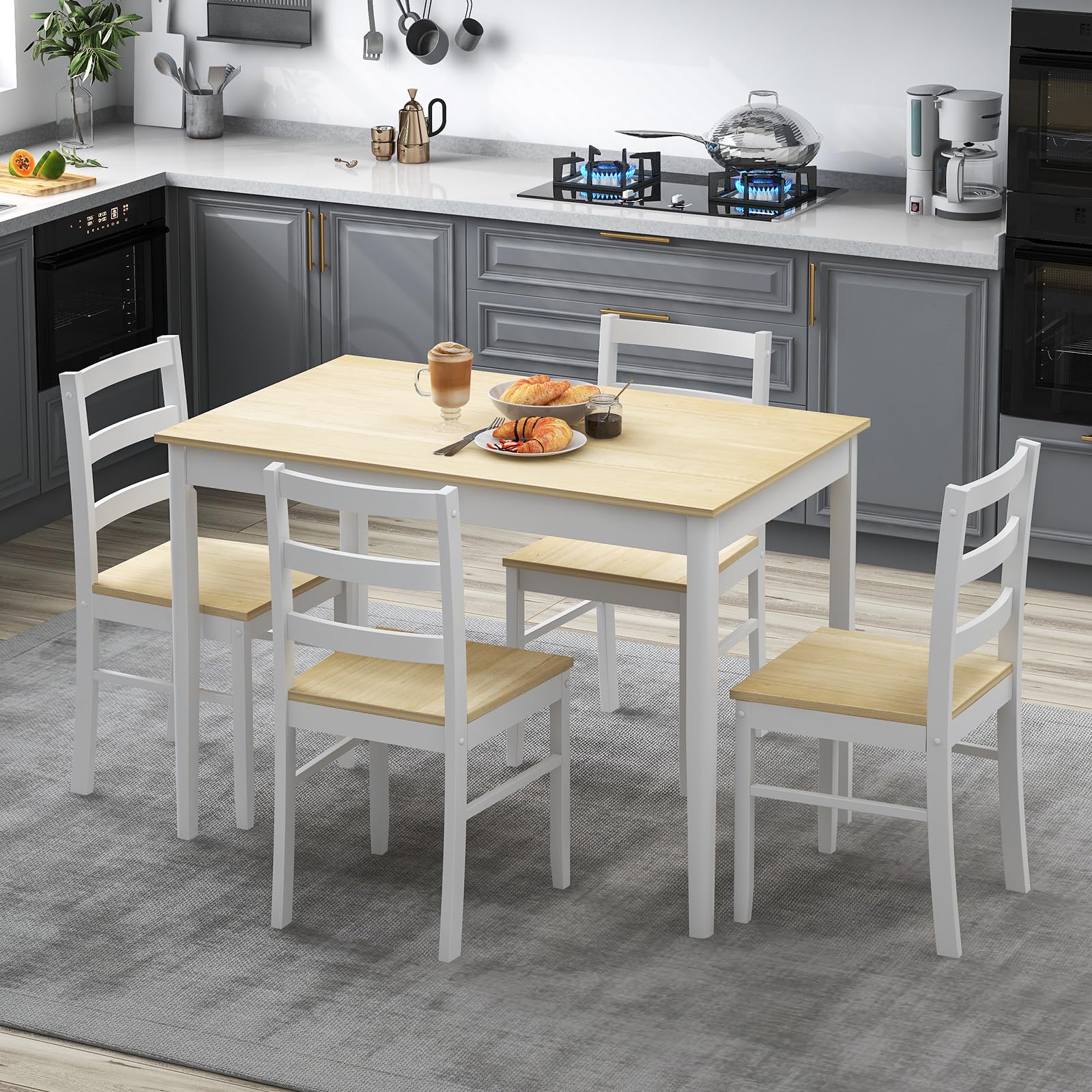 Dining Table Set for 4, Farmhouse Solid Wood Dining Set w/Rubber Wood Legs