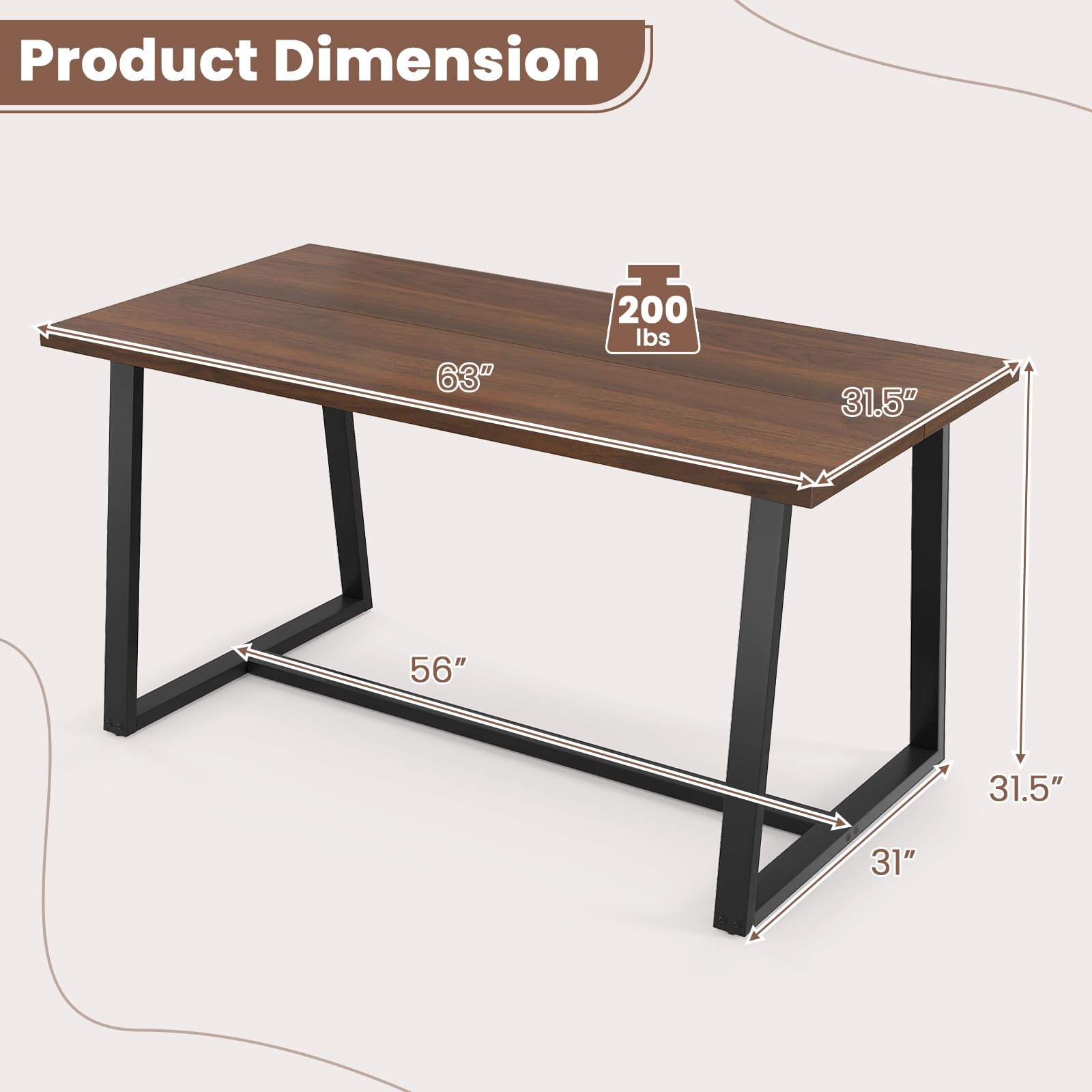 63" Rectangular Large Dining Table for 4-6, Mid-Century Kitchen Table w/Heavy-Duty Metal Frame