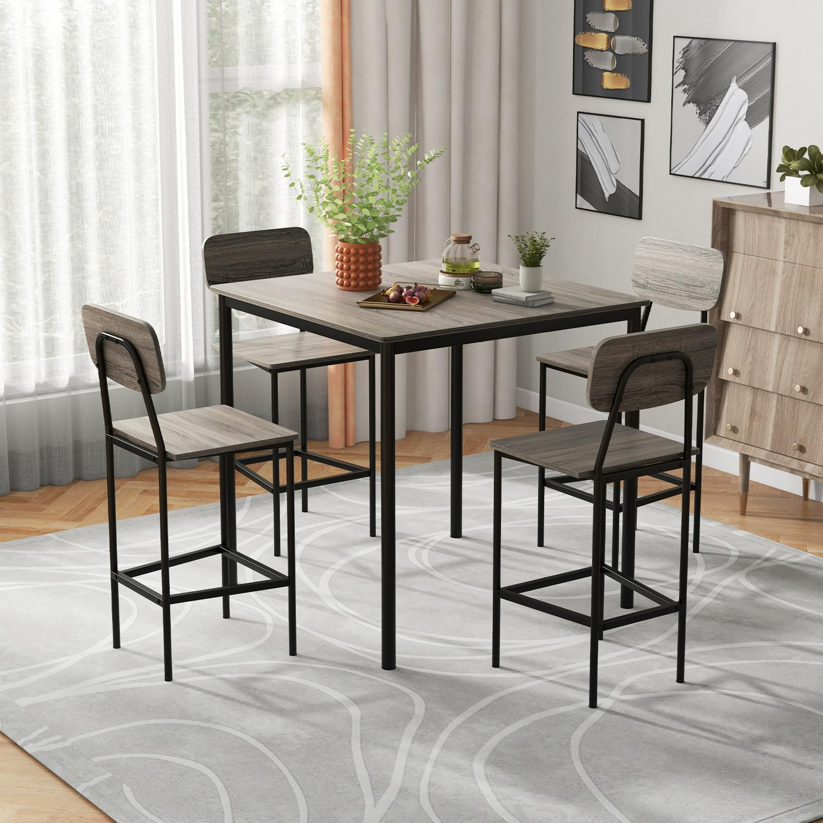5 Piece Dining Table Set with Counter Height Table & 4 Bar Stools, Industrial Kitchen Dining Table Set  with Footrest & Backrest