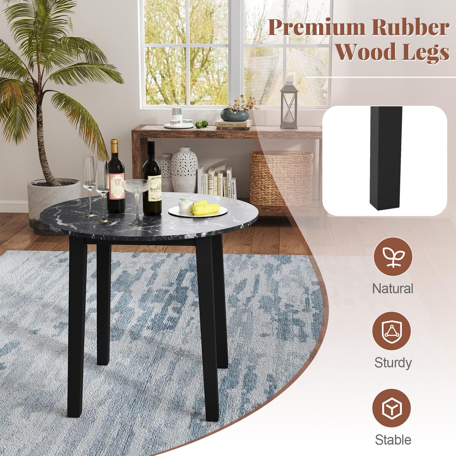 35&rdquo; Round Dining Table - Kitchen Table with Rubber Wood Legs, Marble-Textured Veneer Tabletop