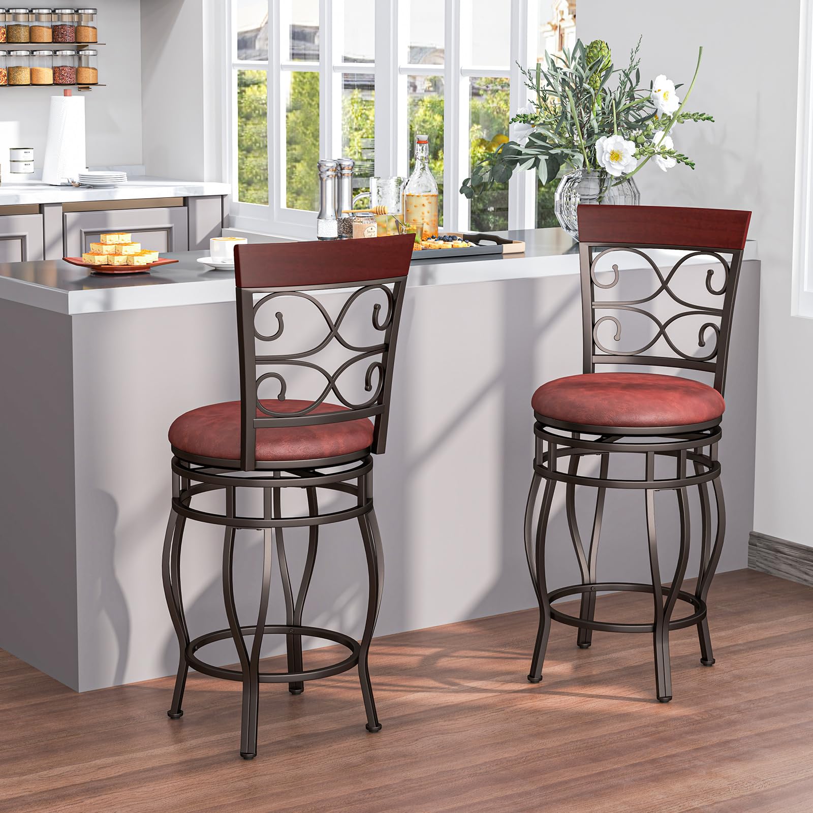 Swivel Bar Stools Set of 2/4, Counter Height Bar Stools with Back, Upholstered PU Leather Seat, Footrest