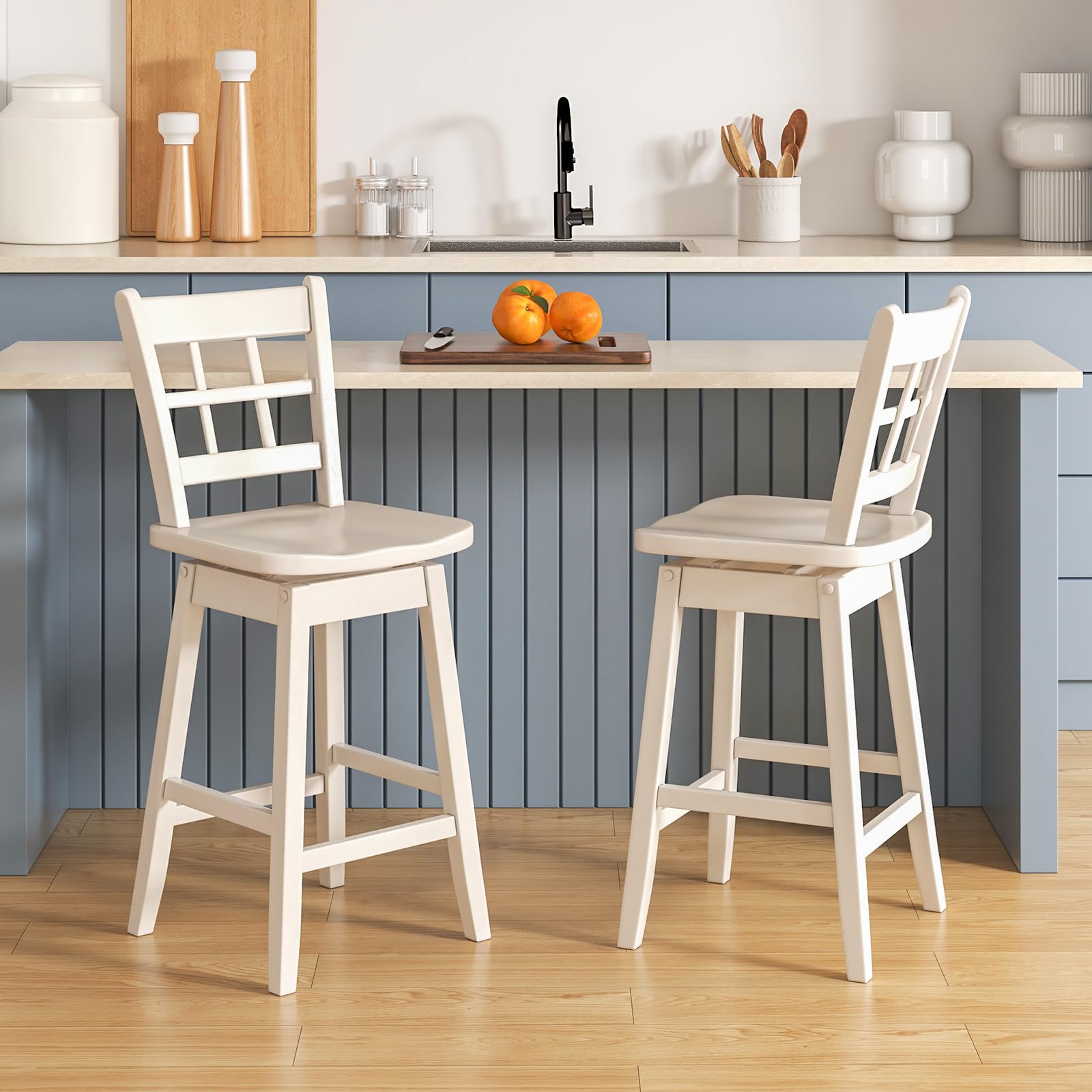 24.5" Bar Stools Set of 2/4, Farmhouse Swivel Barstools with 6-Grid Hollow Back & Ergonomic Contoured Seat, Footrest