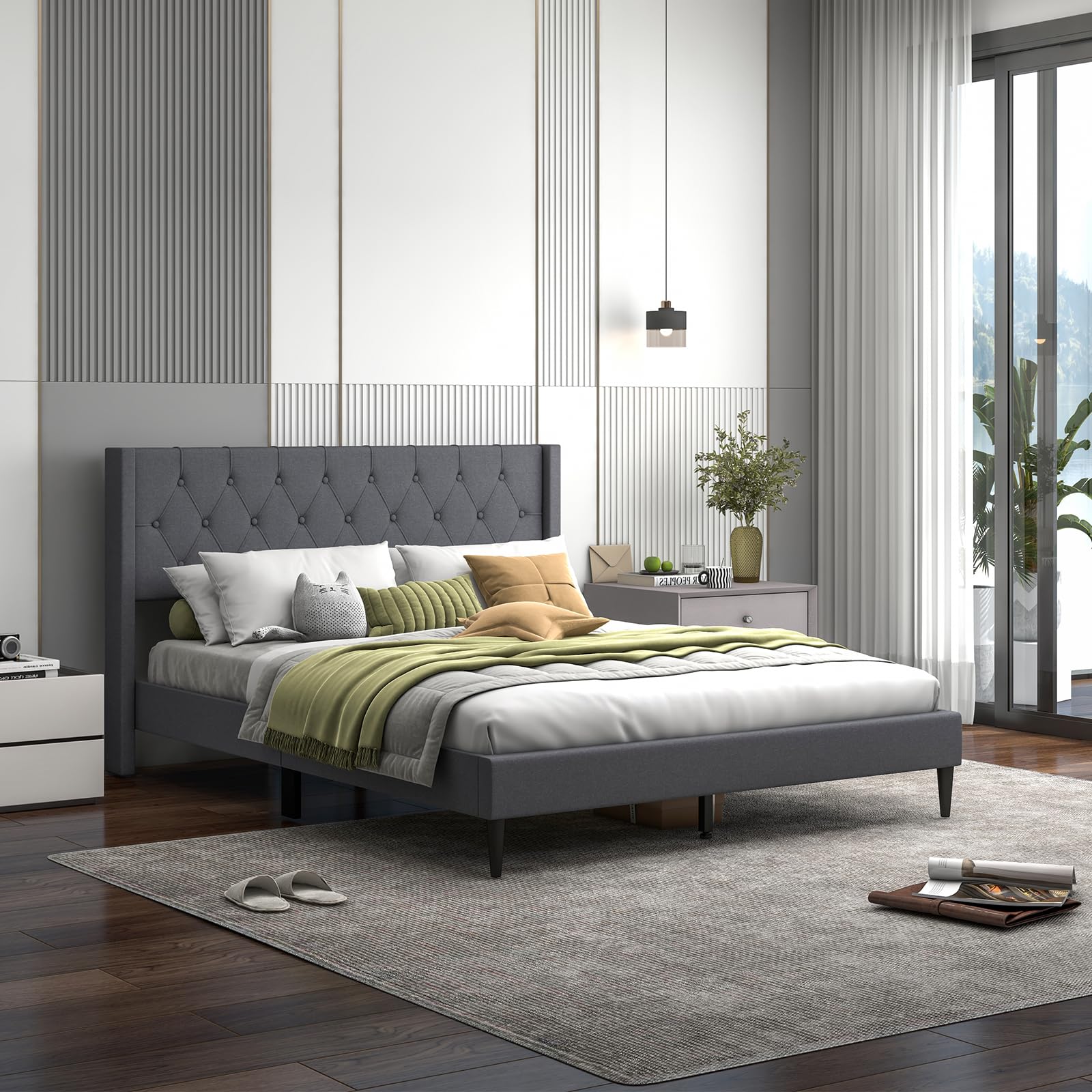 Upholstered Platform Bed with Button Tufted Wingback Headboard