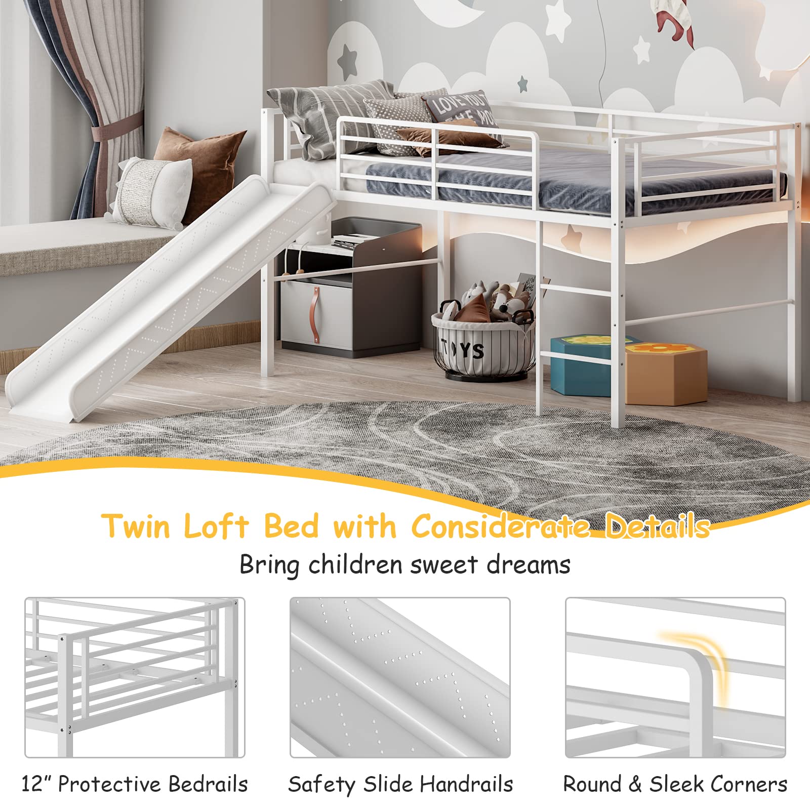 Twin Metal Low Loft Bed with Slide, Safety Guardrails & Built-in Ladder