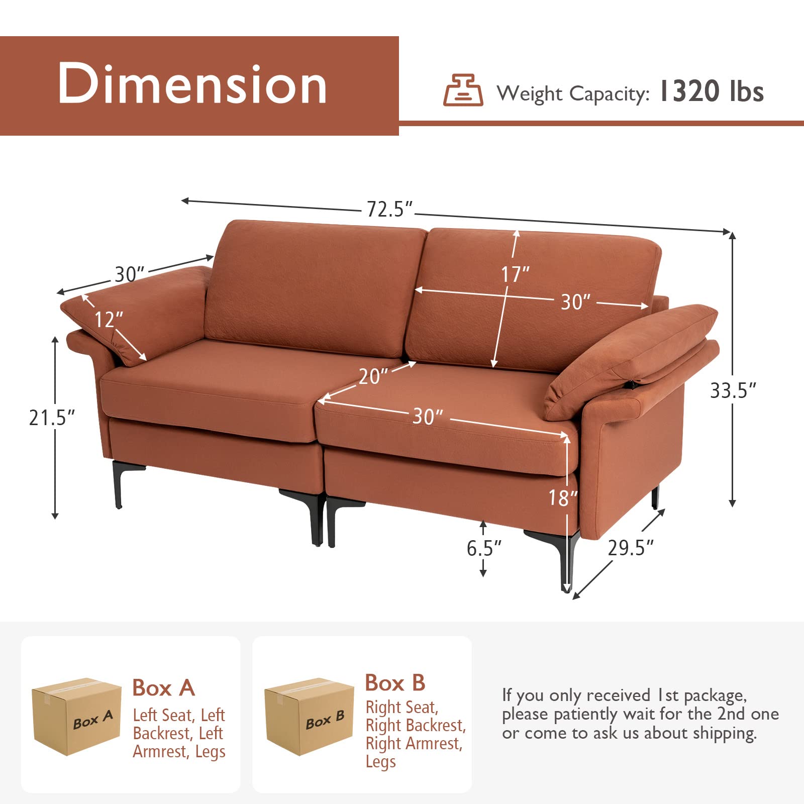 72.5" Loveseat Sofa Couch, Modern Love Seat with Removable Armrest Pillows