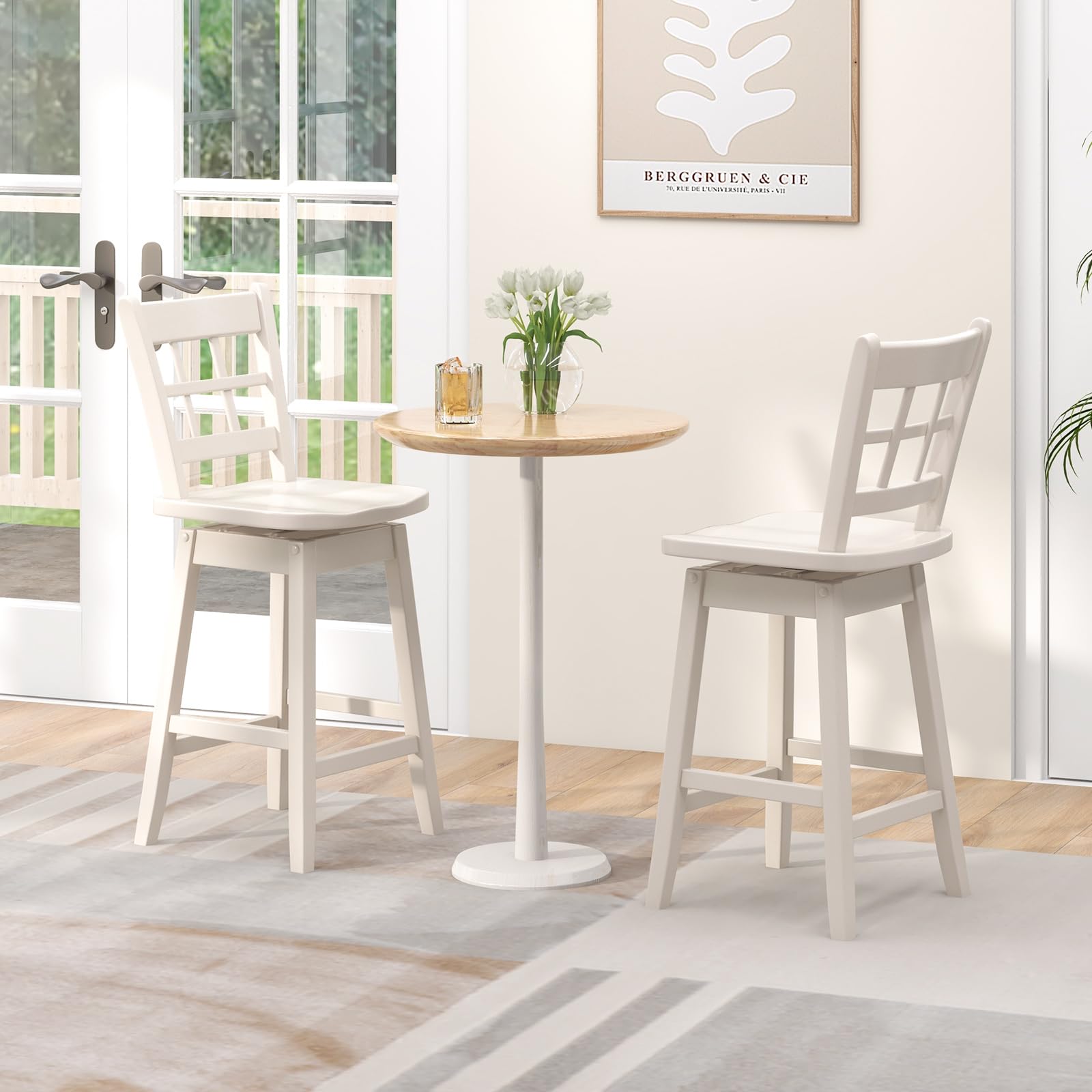 24.5" Bar Stools Set of 2/4, Farmhouse Swivel Barstools with 6-Grid Hollow Back & Ergonomic Contoured Seat, Footrest