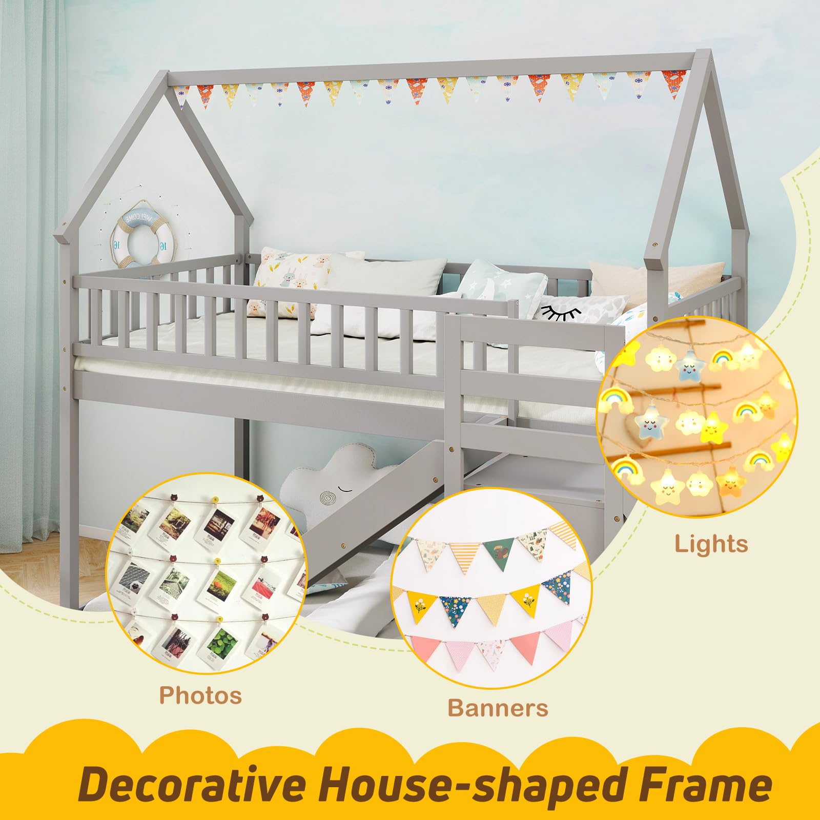 Twin Over Twin  Wood House Bunk Bed with Slide & Stairs, Storage Shelves