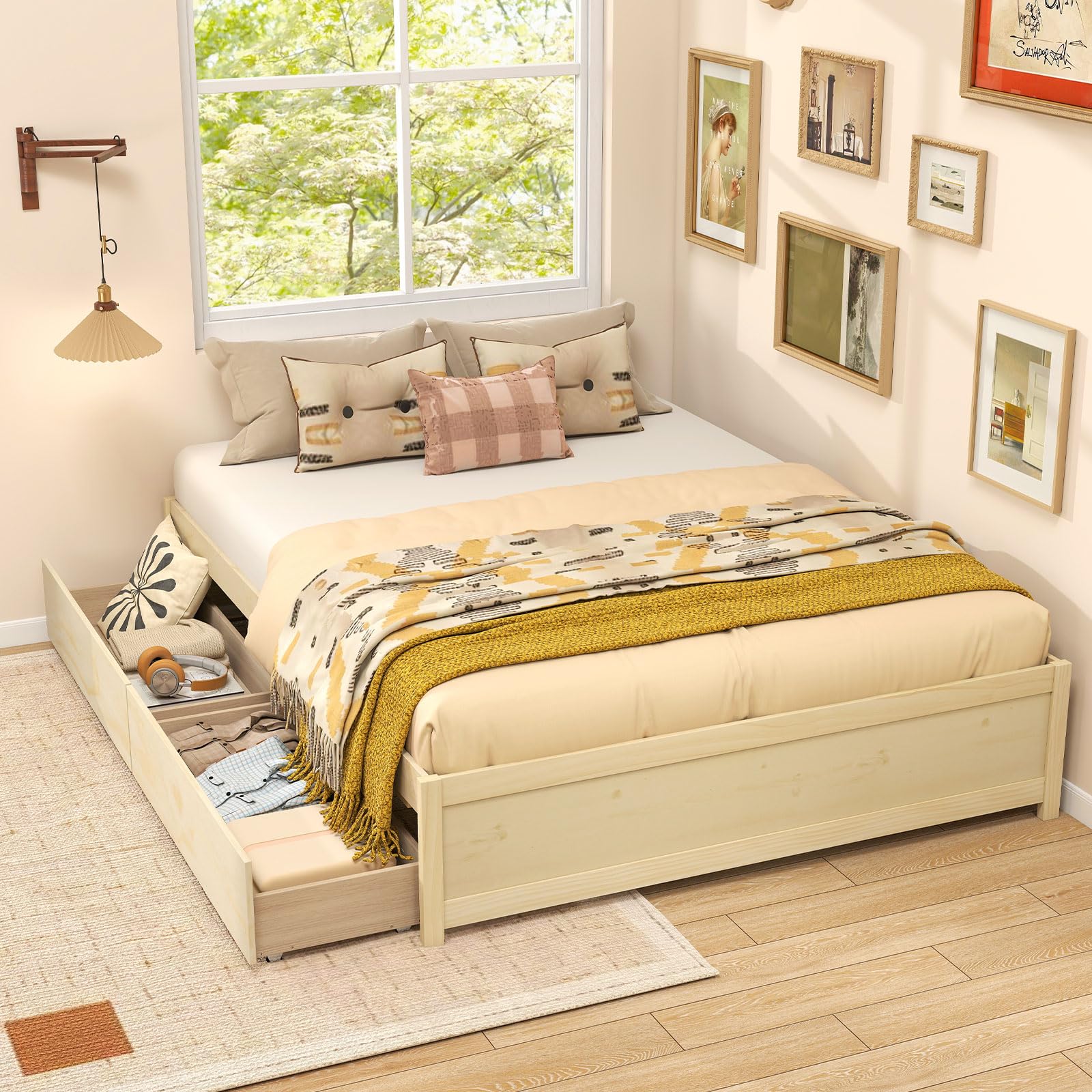 Bed Frame with 2 Storage Drawers, Solid Wood Platform Bed with Slats Support