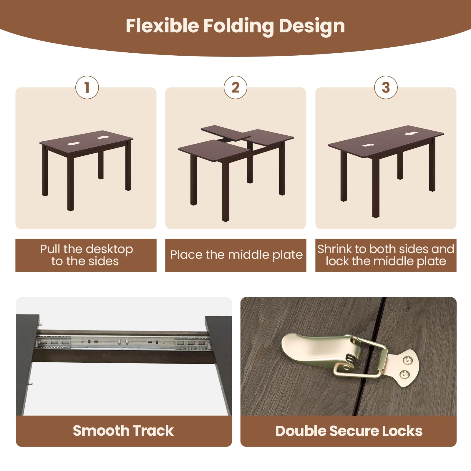 Extendable Dining Table for 4, 60" Folding Kitchen Table w/Rubber Wood Frame & Safety Locks
