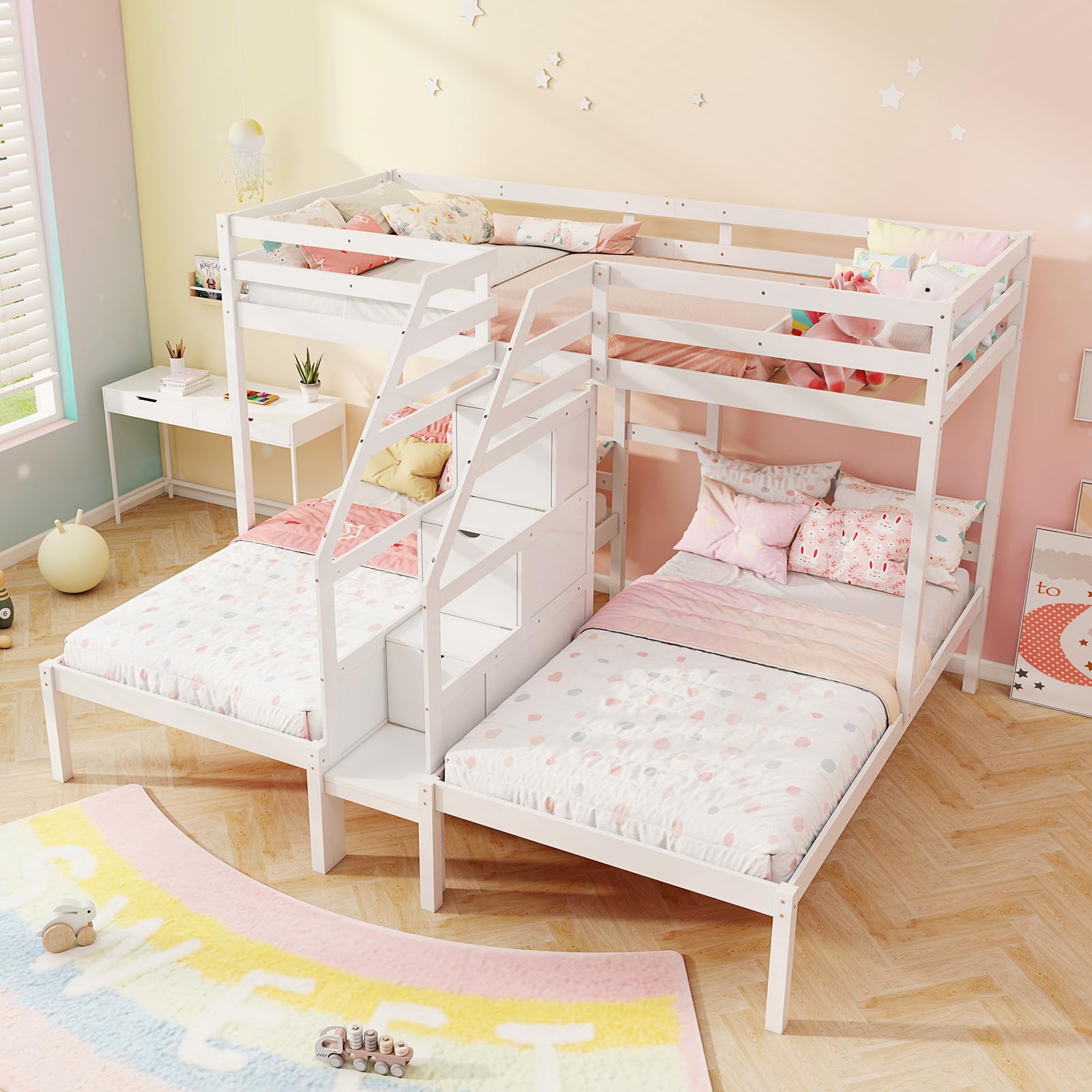 Triple Bunk Beds with 4-Step Storage Stair, Guardrail & Solid Wood Structure