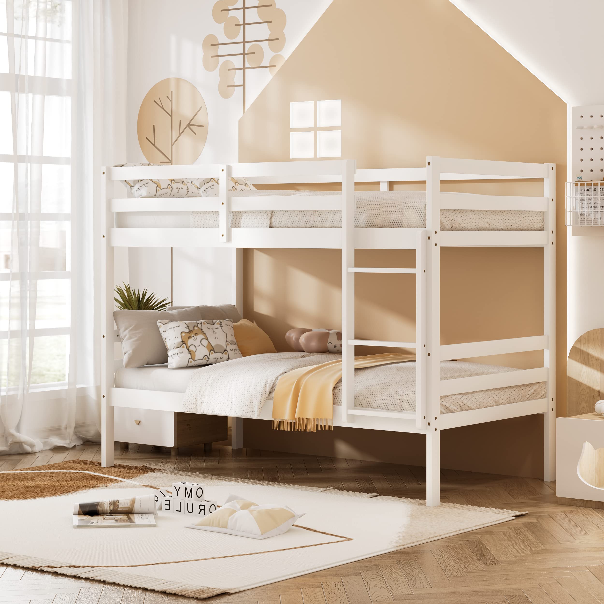 Twin Over Twin Wood Bunk Bed with Ladder & Safety Guardrail