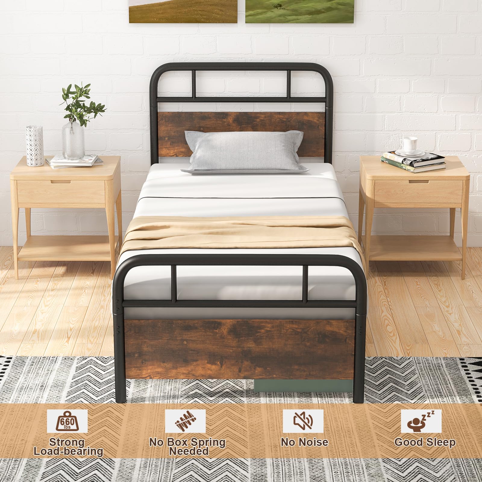 Industrial Metal Bed Frame with Wood Headboard and Footboard, Rustic Brown