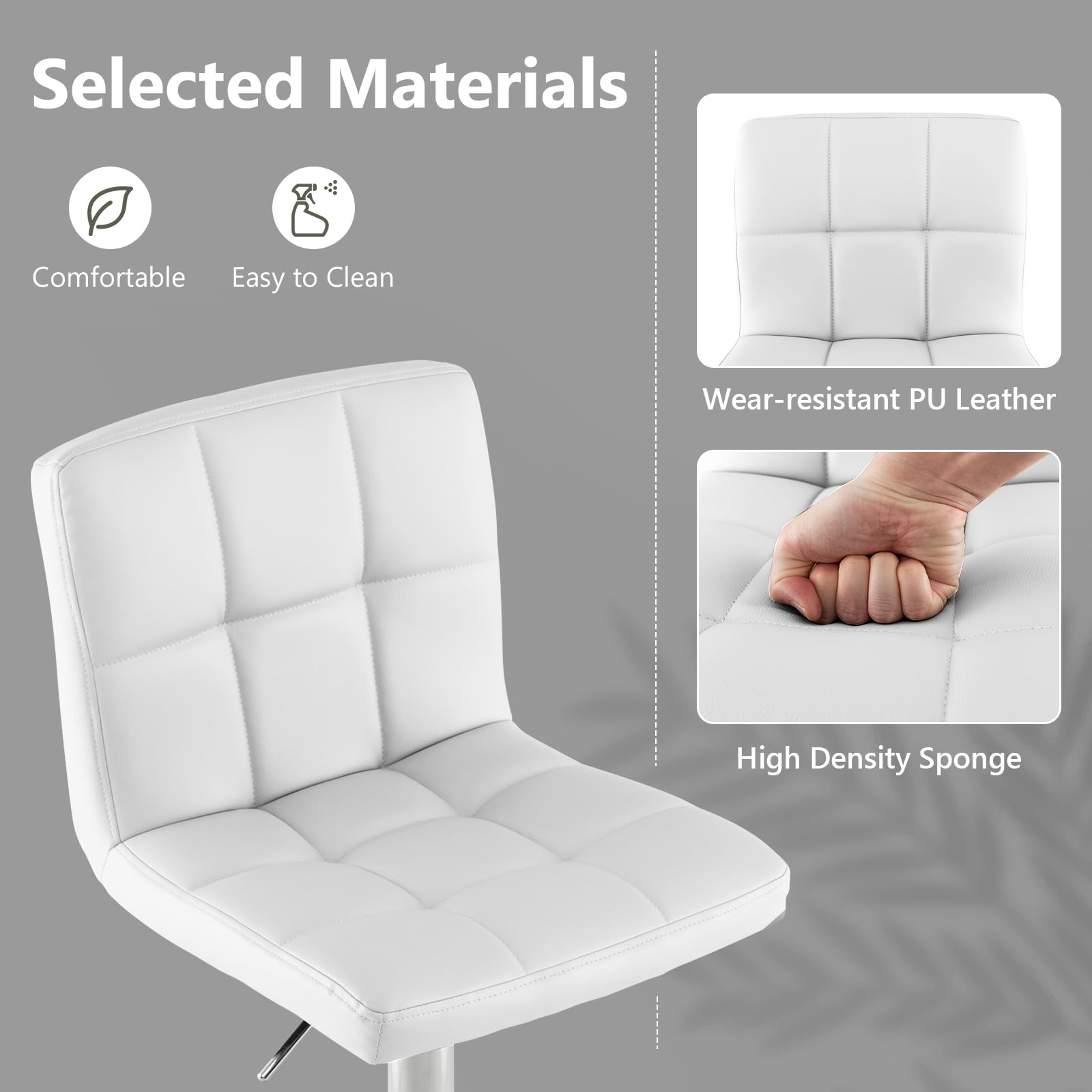 Modern PU Leather Height Adjustable Bar Stools  Set of 1/2 with Back, Footrest, Metal Base
