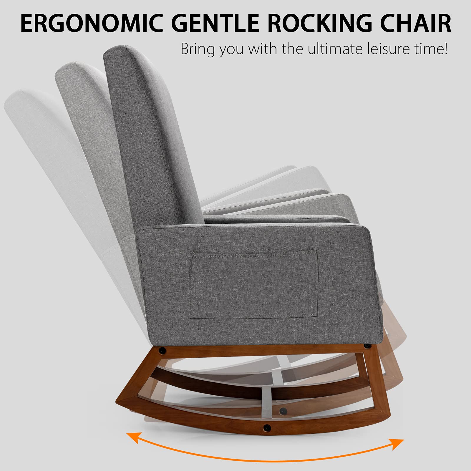 Rocking Chair, High Back Upholstered Lounge Armchair w/Side Pocket