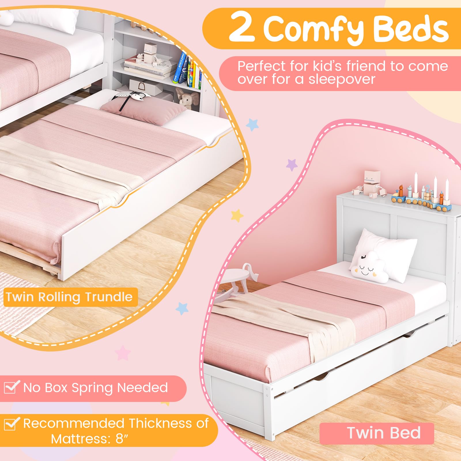 Twin Wood Daybed with Trundle with 2 Rolling Bookcases & High Headboard