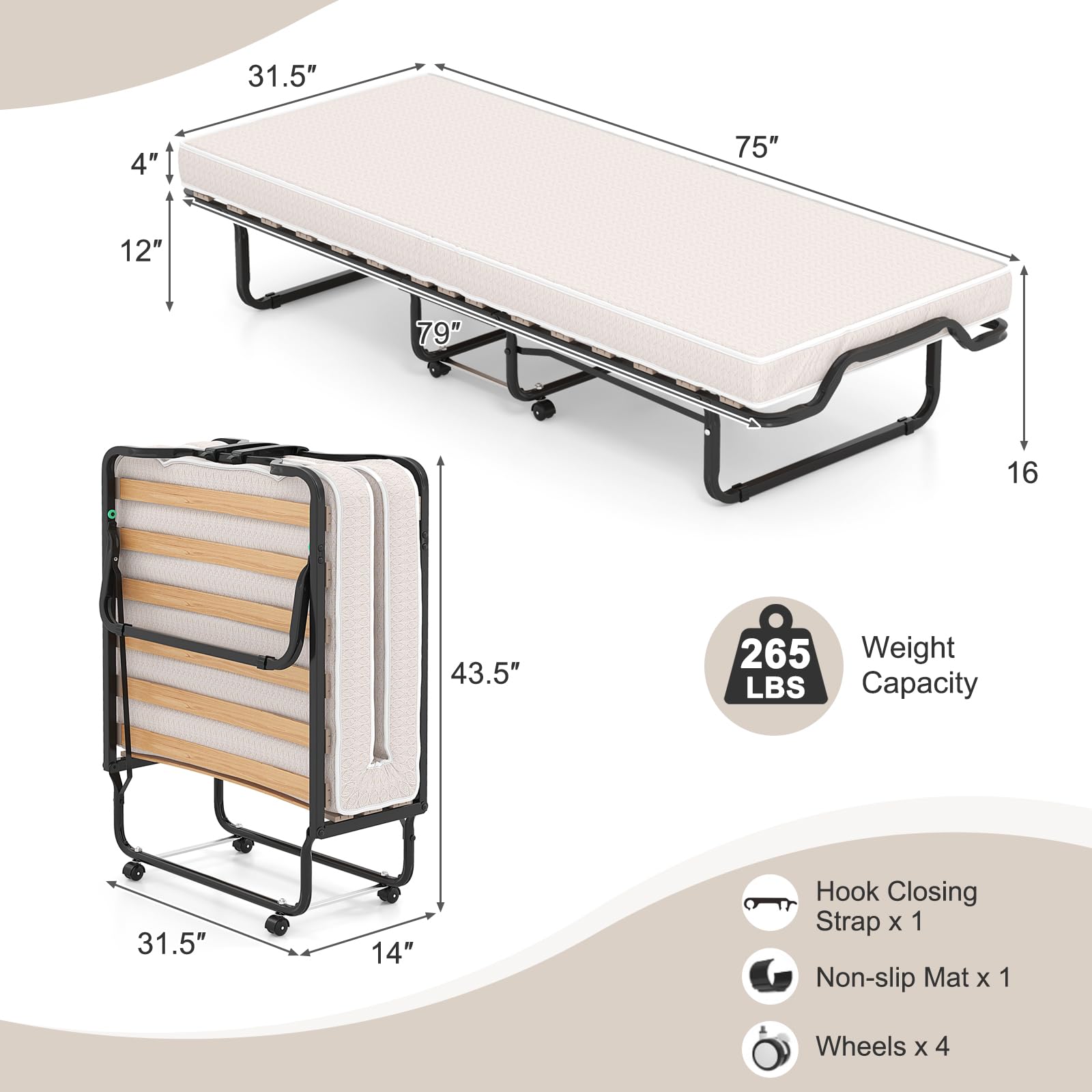 Twin Size Folding Rollaway Bed with Mattress for Adults