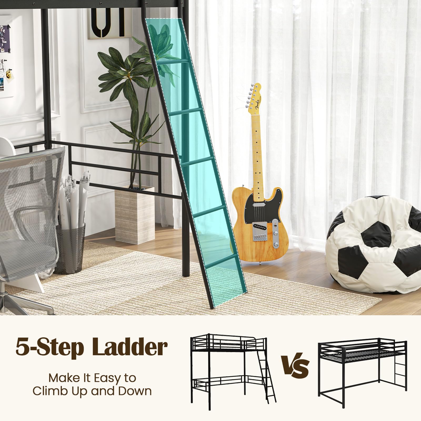 Twin Size Loft Bed, Metal Loft Bed Frame with Ladder & Safety Guardrail