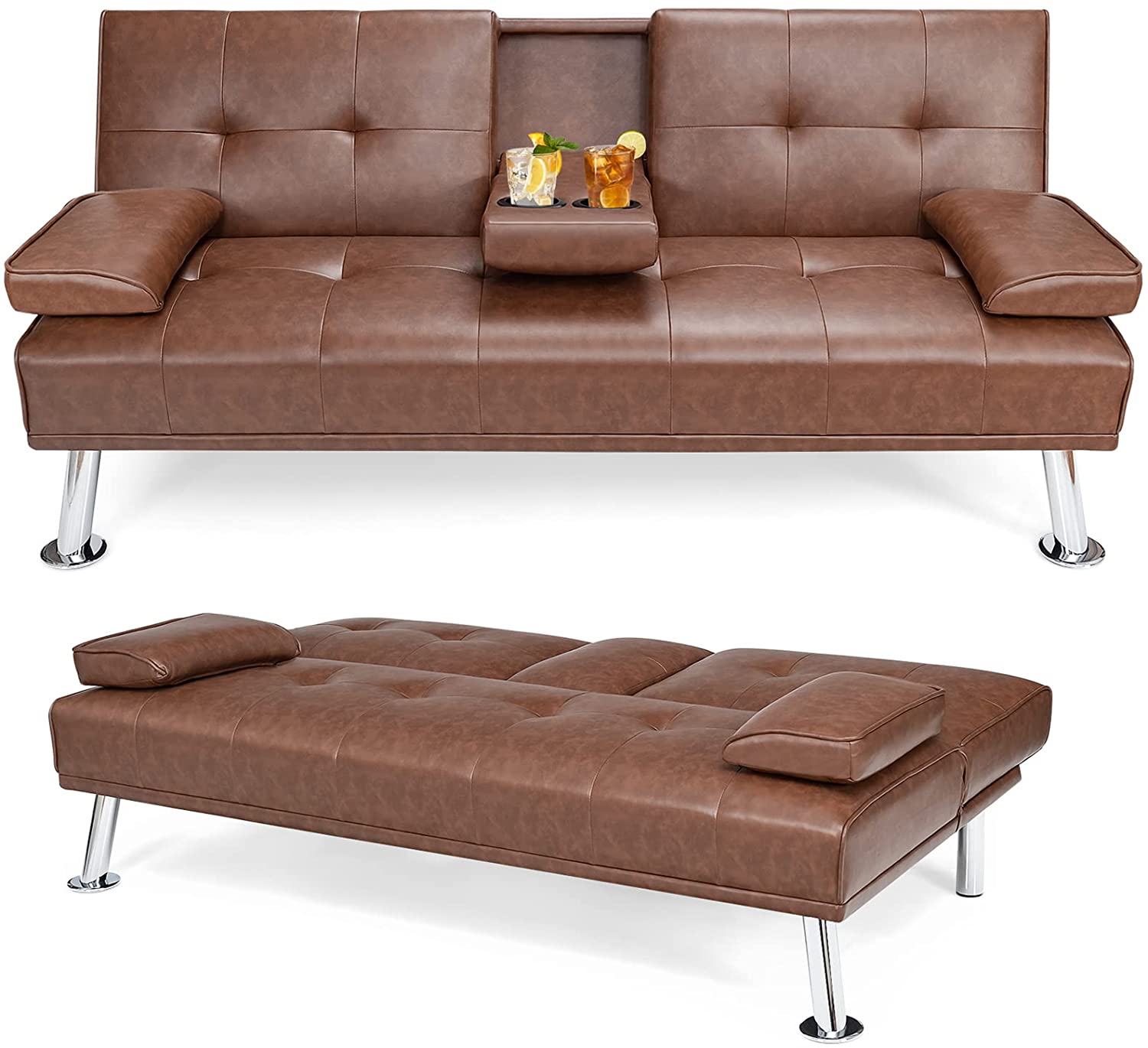Leather Convertible Futon Sofa Bed with Removable Armrests and 2 Cup Holders
