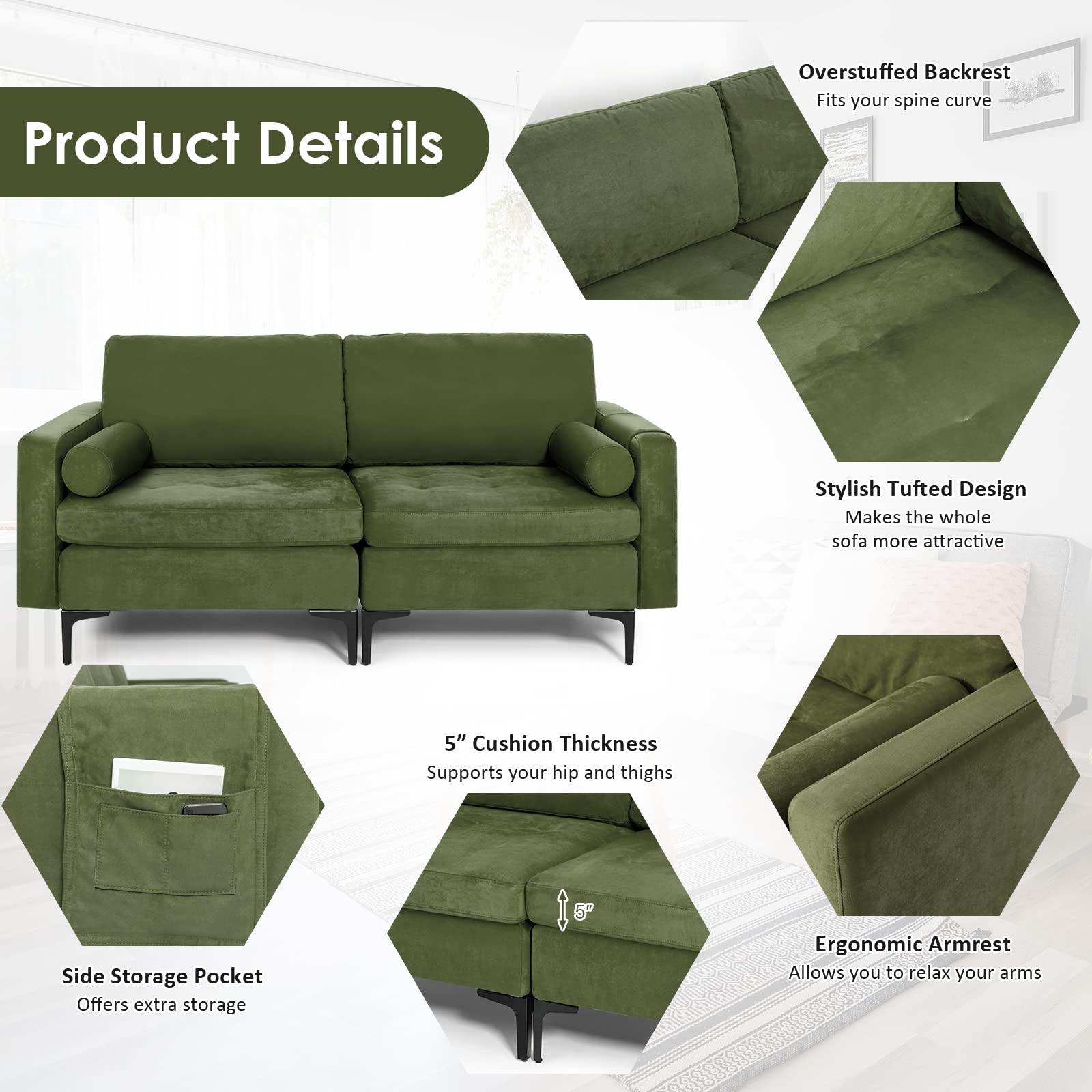 Modern Accent Sofa w/Comfy Cushion Bolster for Bedroom Reception Room