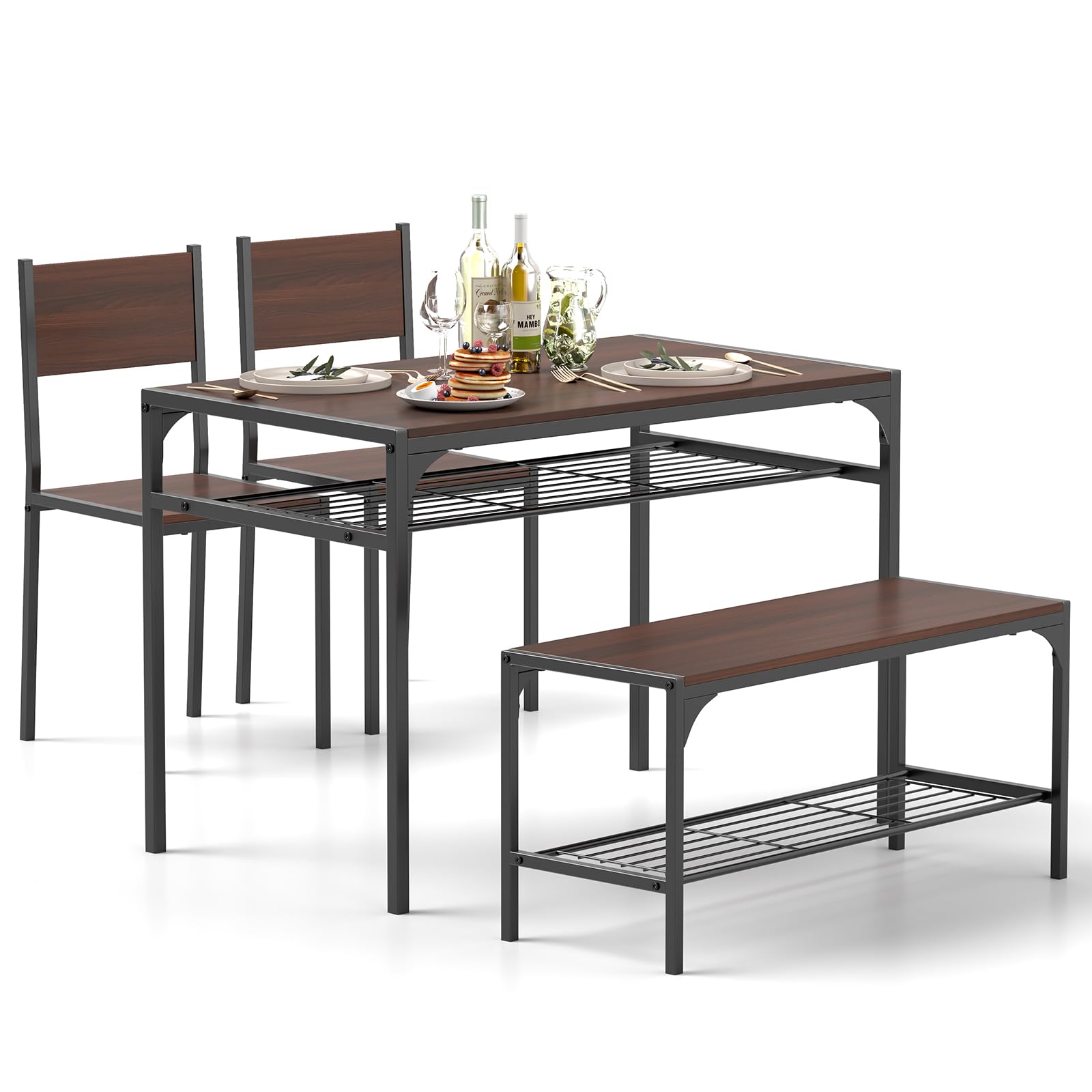 4 Pieces Dining Table Set, Kitchen Table and 2 Chairs for 4 with Bench, Storage Racks